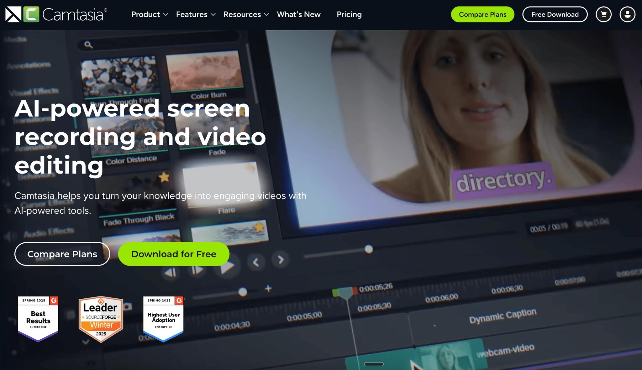 Camtasia homepage with the headline “AI-powered screen recording and video editing.”