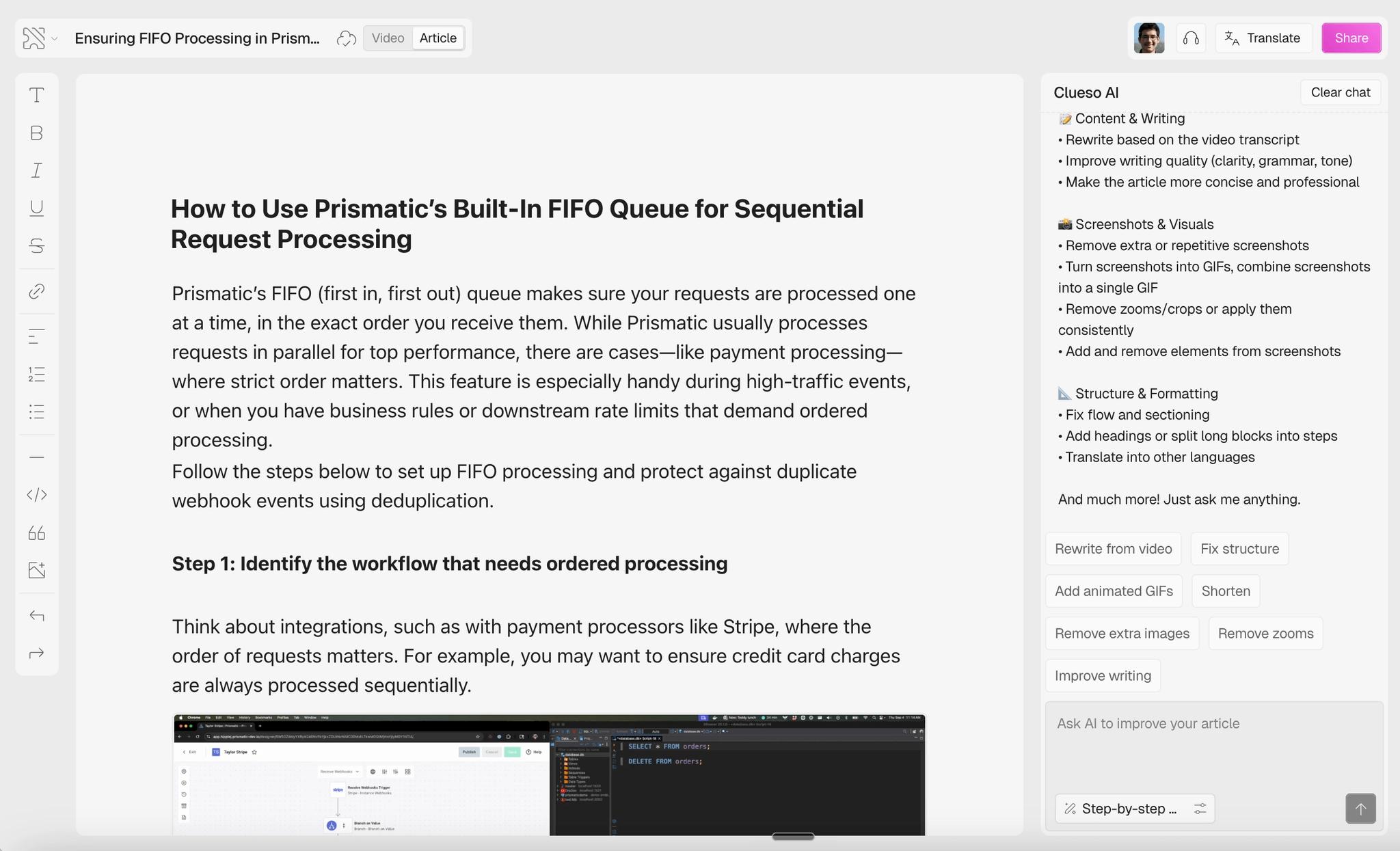 Clueso Article view showing a step-by-step help article generated from a screen recording.