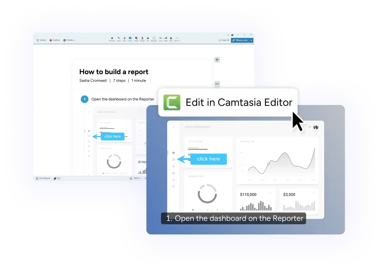 Snagit Step Capture alongside a Camtasia Editor video created from the same captured process.