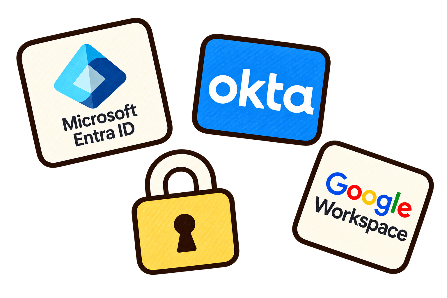 Microsoft Entra ID, Okta, and Google Workspace cards with a padlock representing secure sign-in