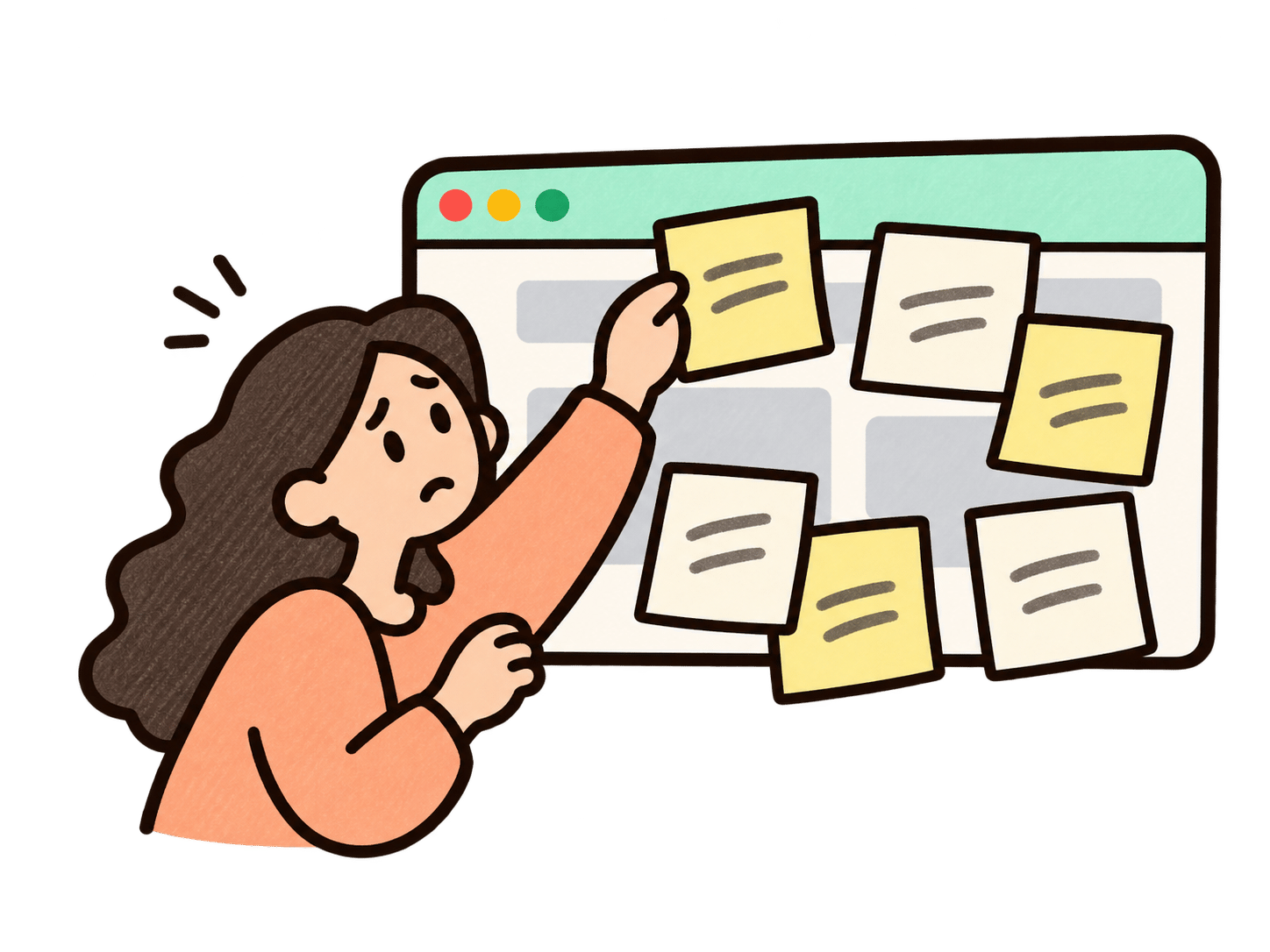 An employee covering a software window with sticky notes to keep using old workflows