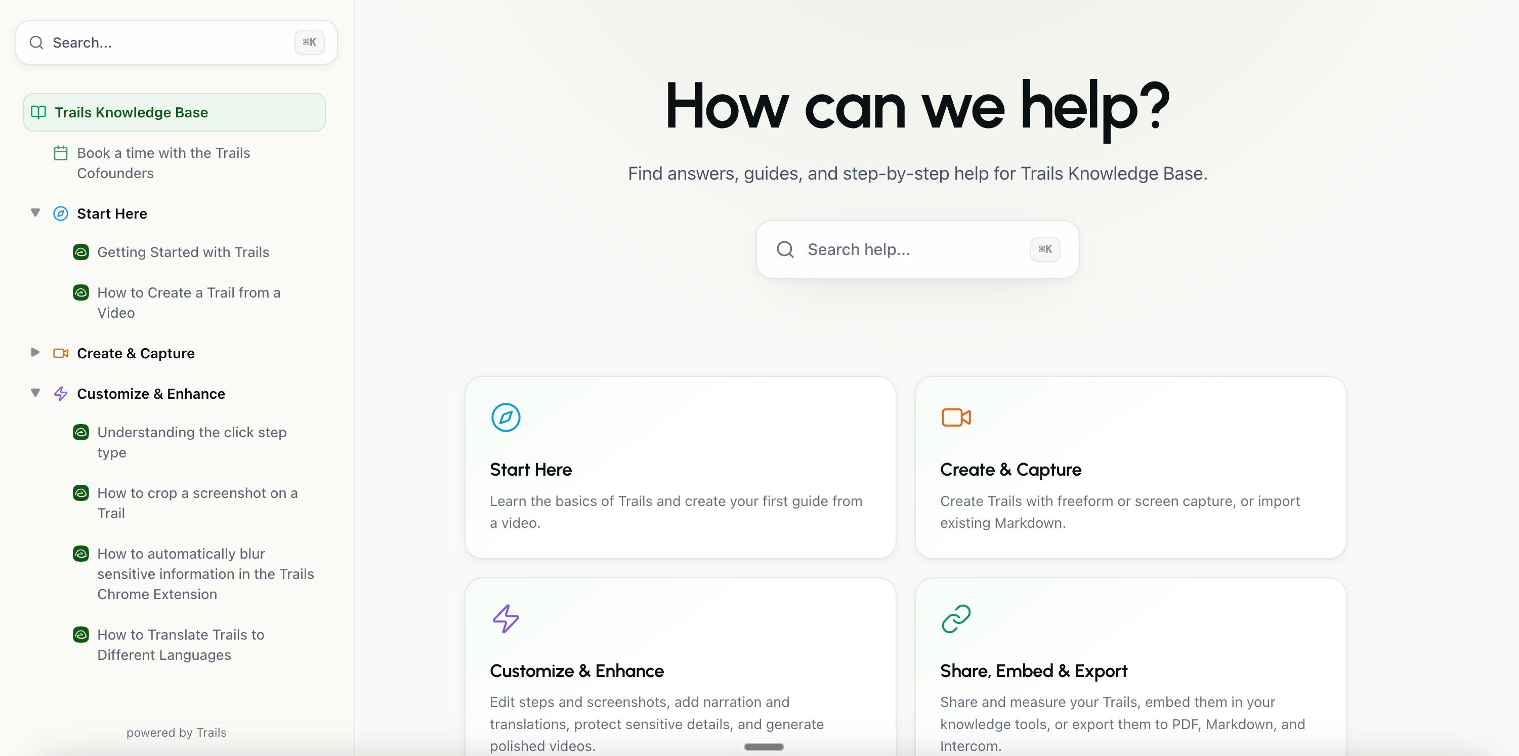 Trails knowledge base with searchable guides, sidebar navigation, and topic categories.