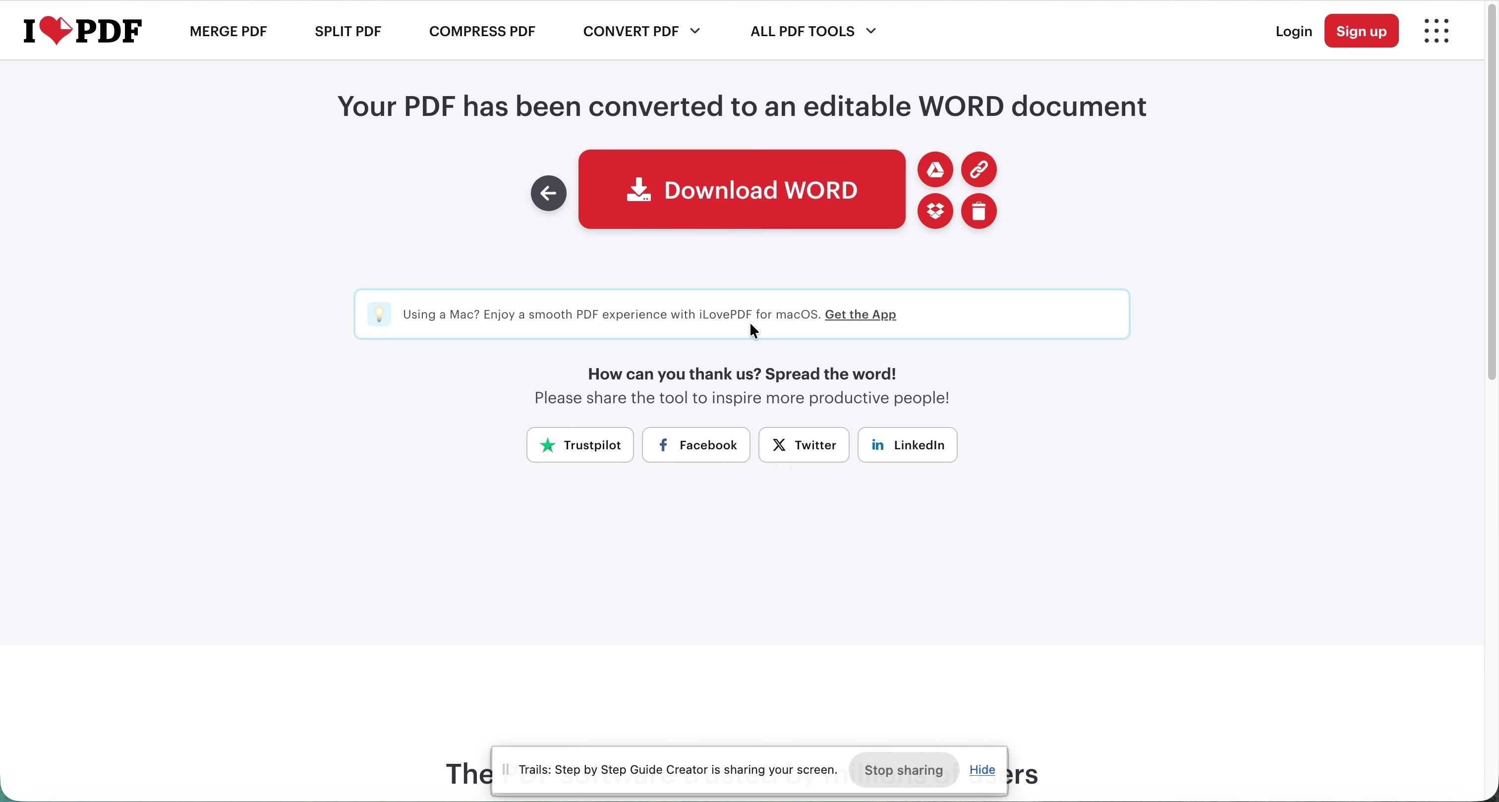 Online PDF conversion page with a Word download option.