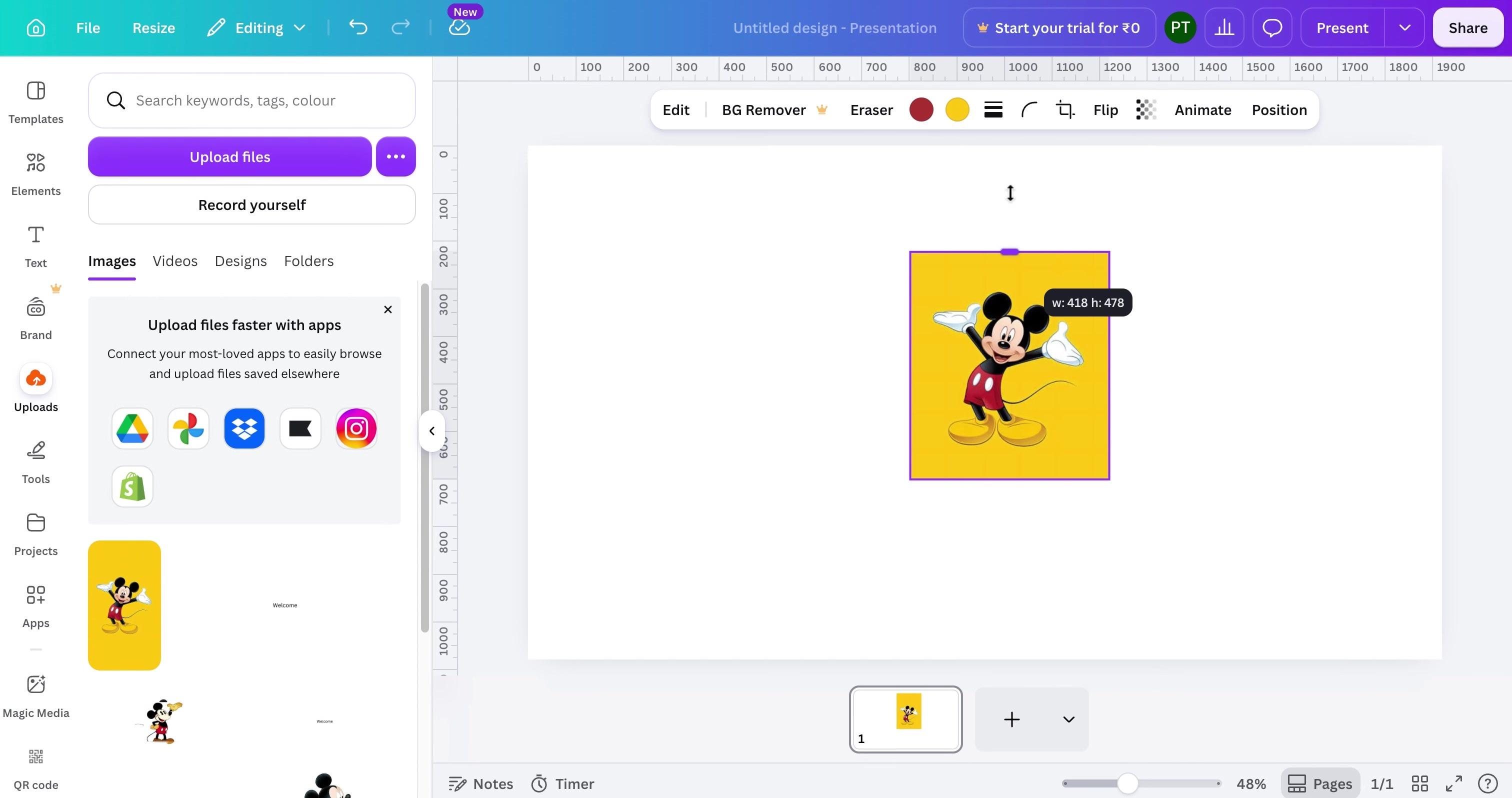 Canva editor showing an image selected on a yellow design canvas.