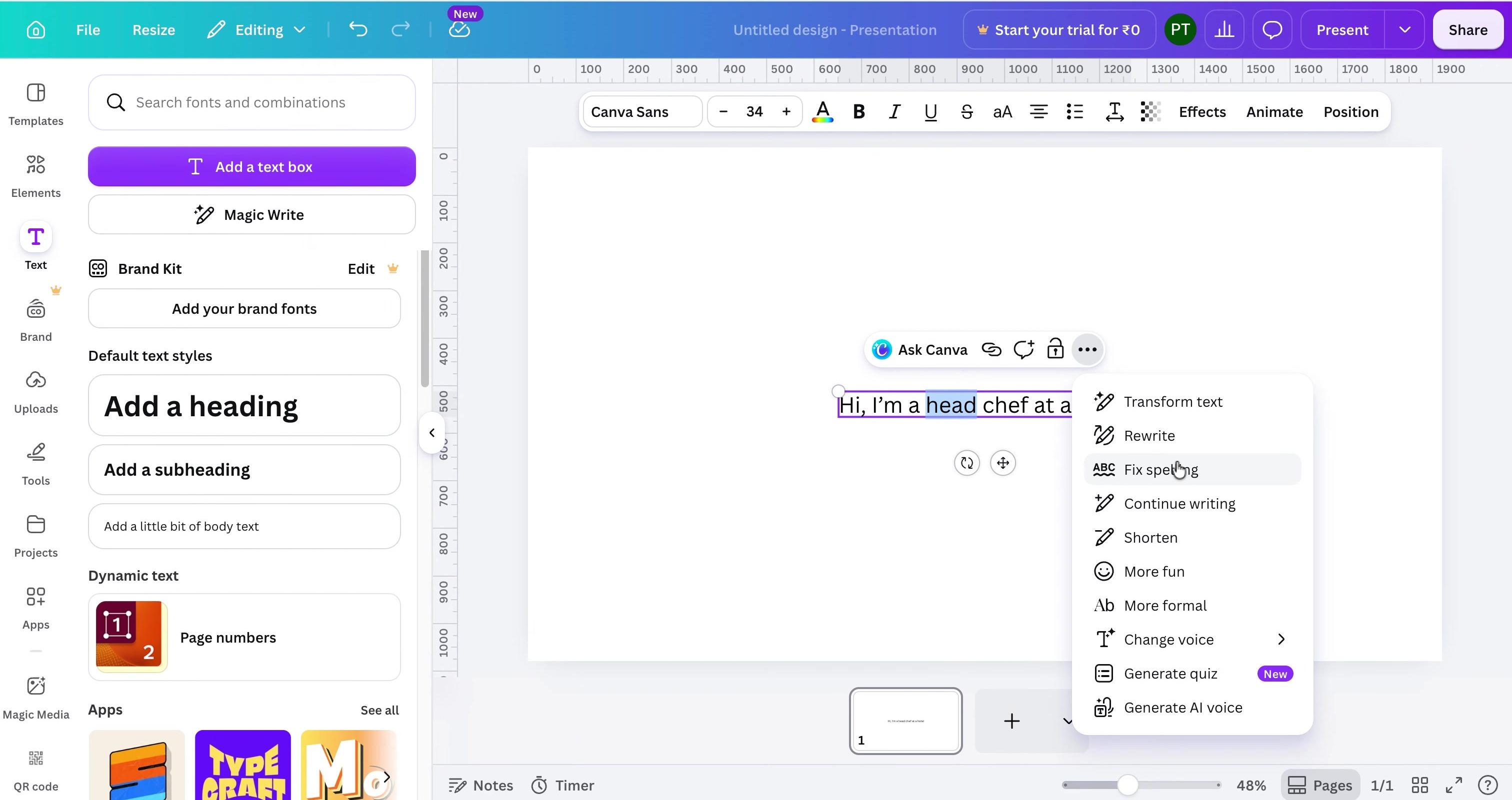 Canva editor with the Magic Write text panel open beside a blank design.