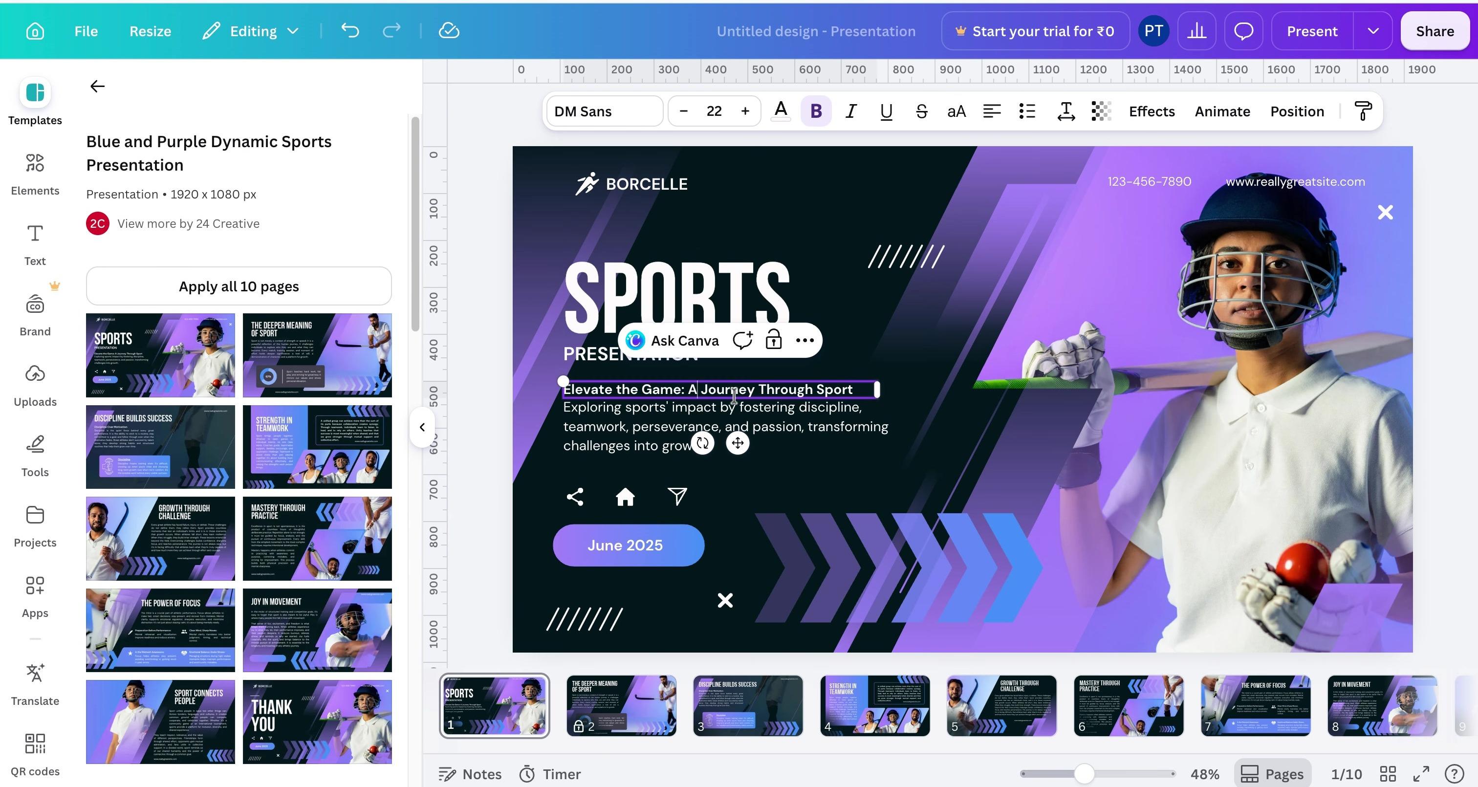 Canva presentation editor showing slide thumbnails and page controls.