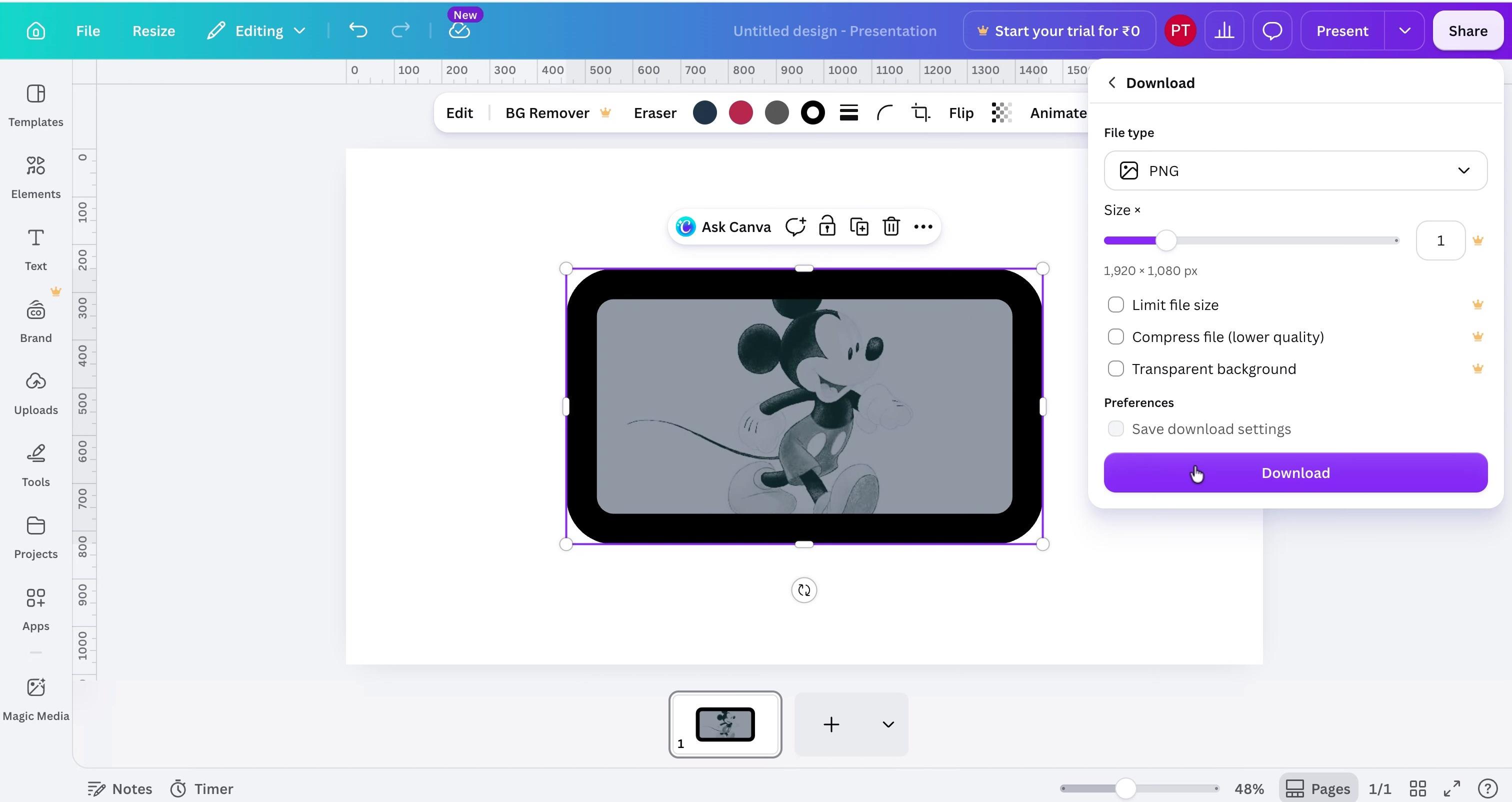 Canva editor showing a rounded image with a black border and PNG download settings.
