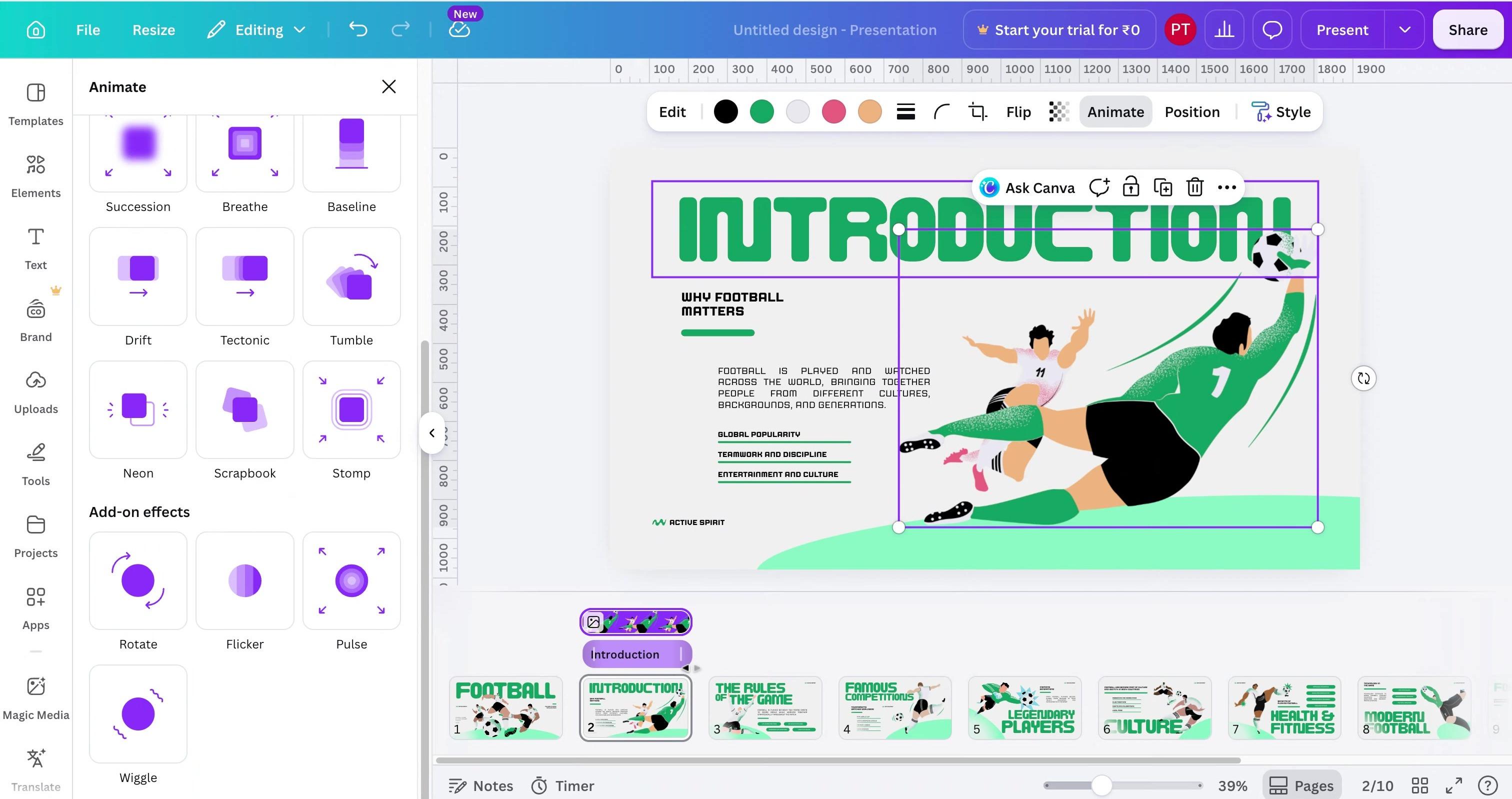Canva presentation editor showing an animated sports slide and animation timeline.