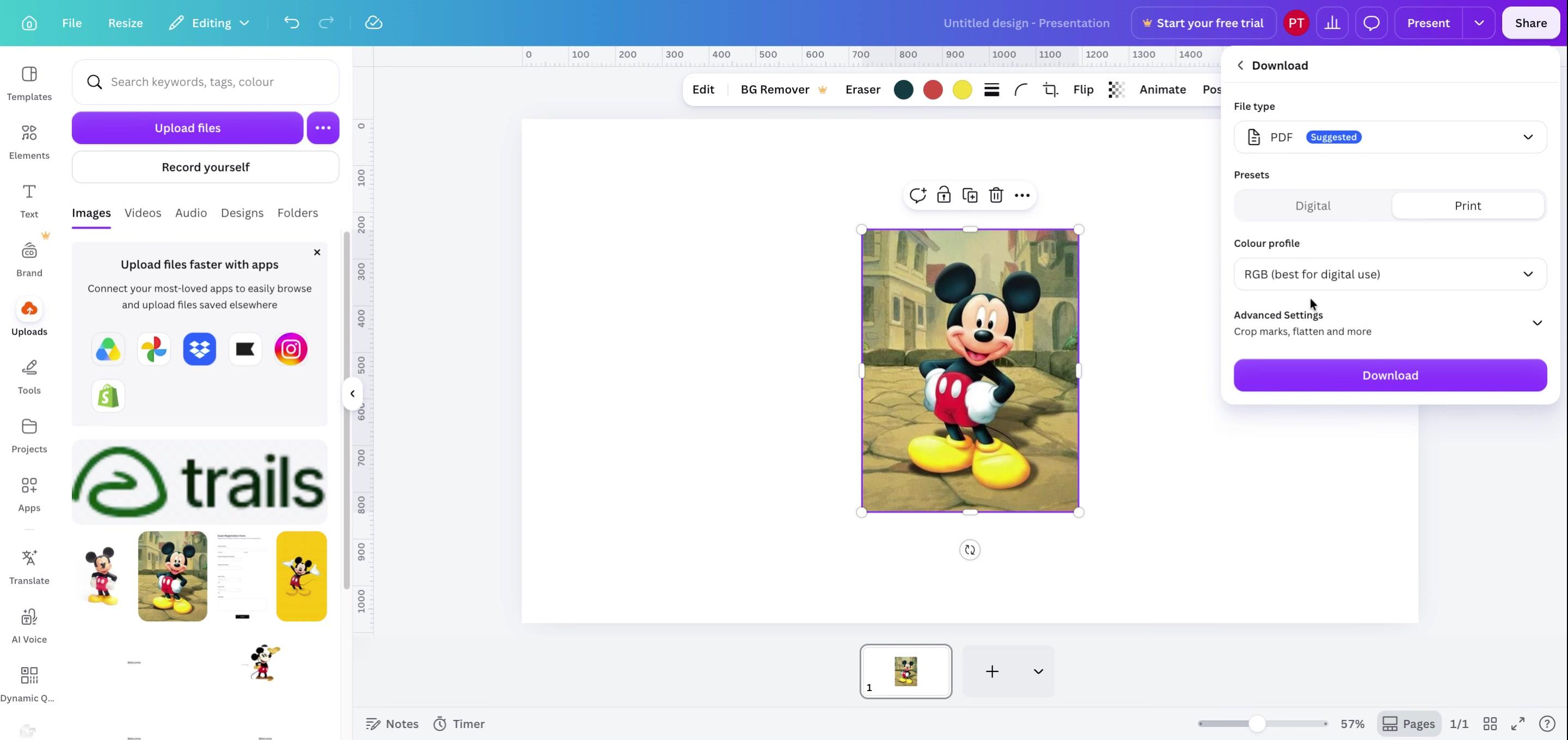 Canva editor showing a shirt design beside print-ready PDF options.