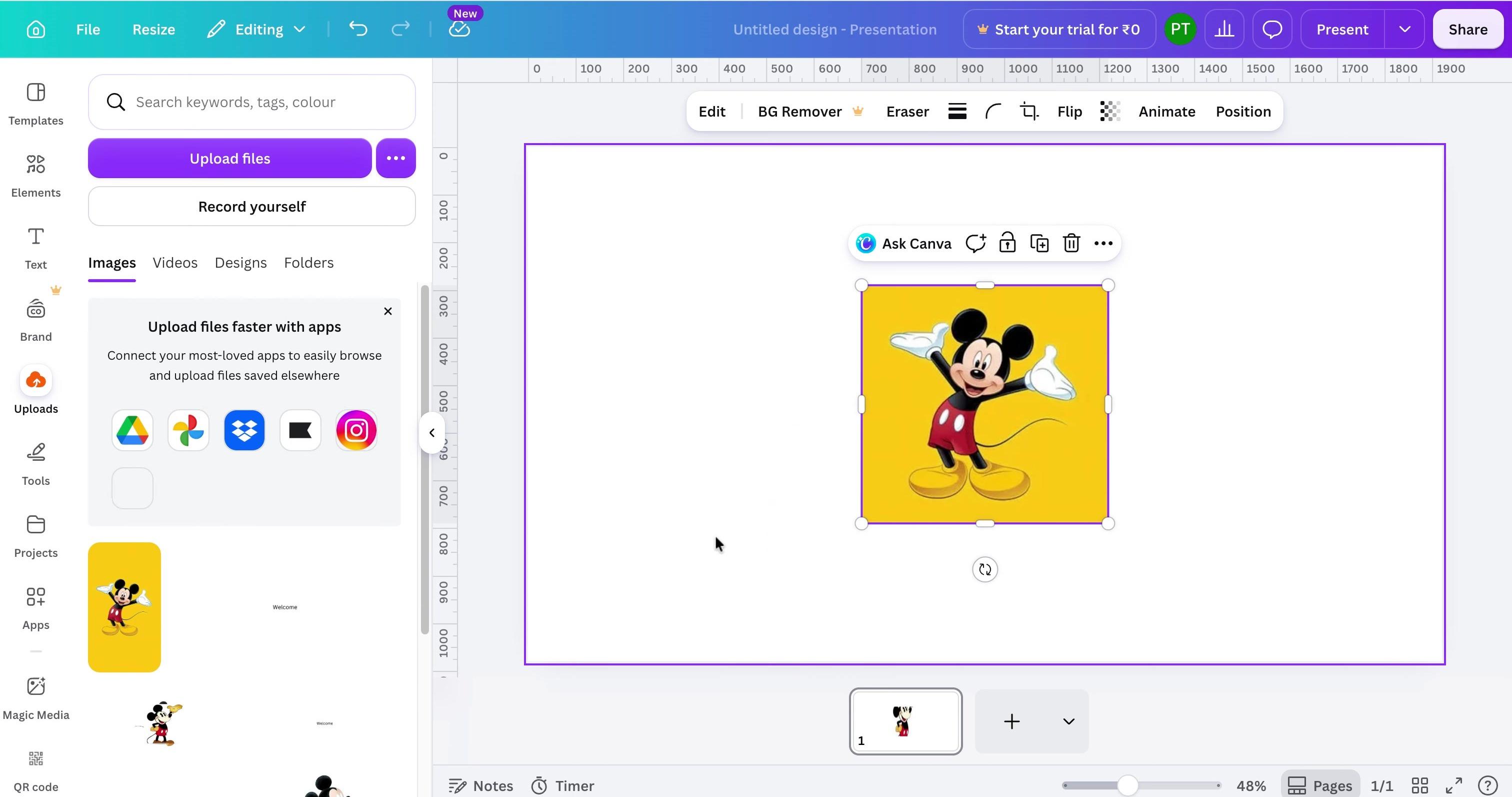 Canva editor with a selected image and image replacement controls open.