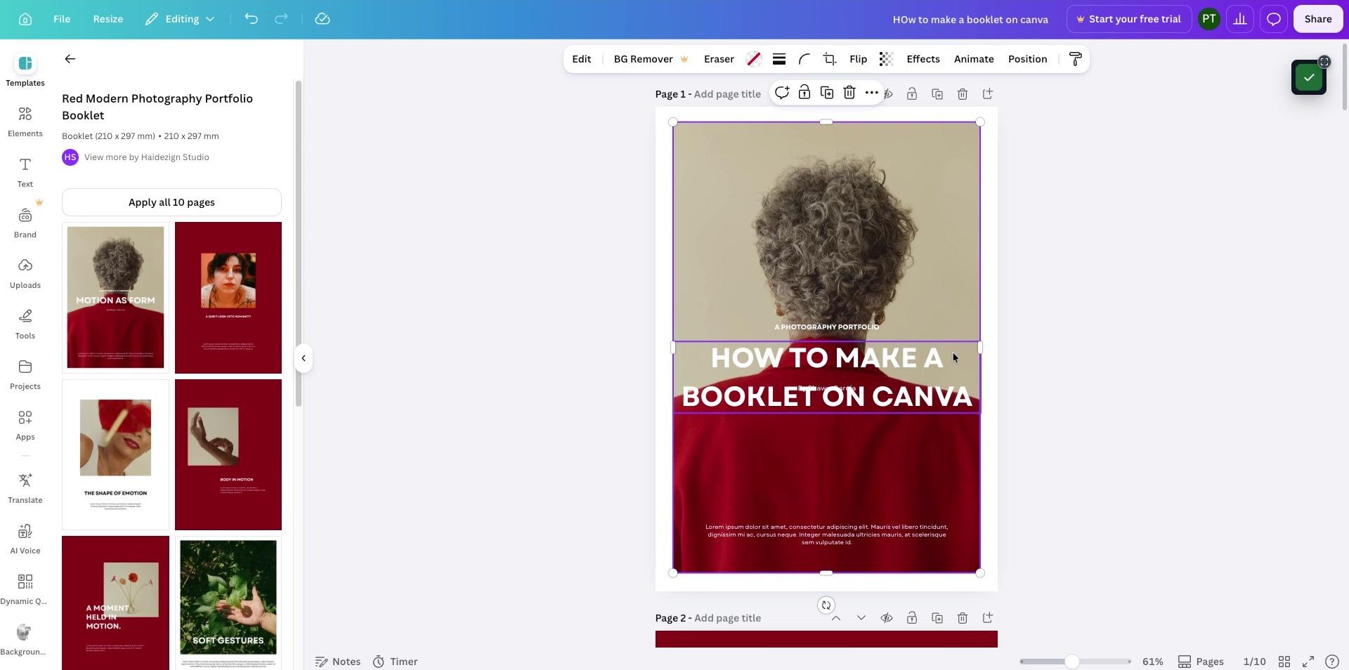 Canva editor showing a booklet cover design and page thumbnails.