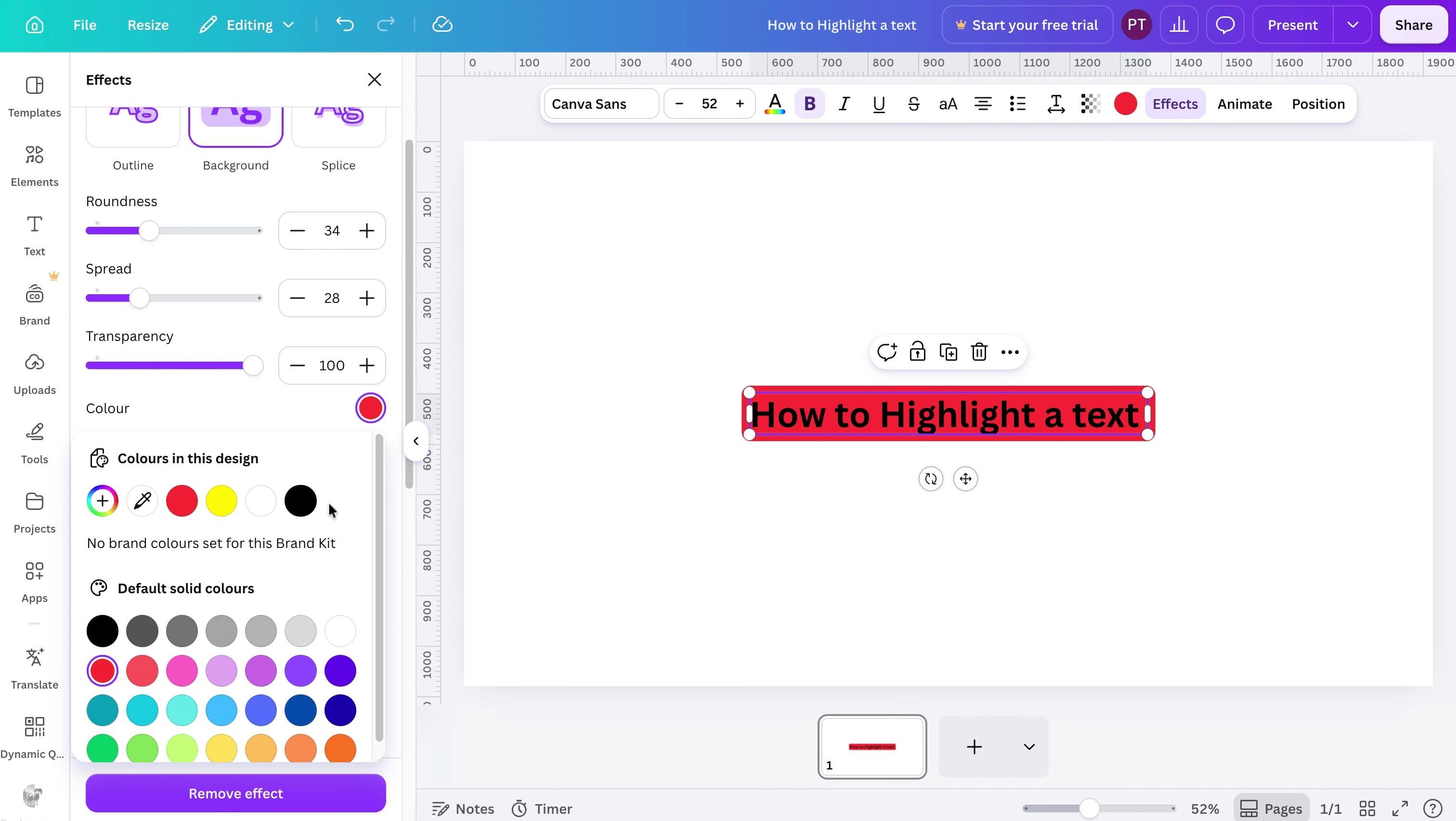 Canva editor with highlighted text selected and color controls open.