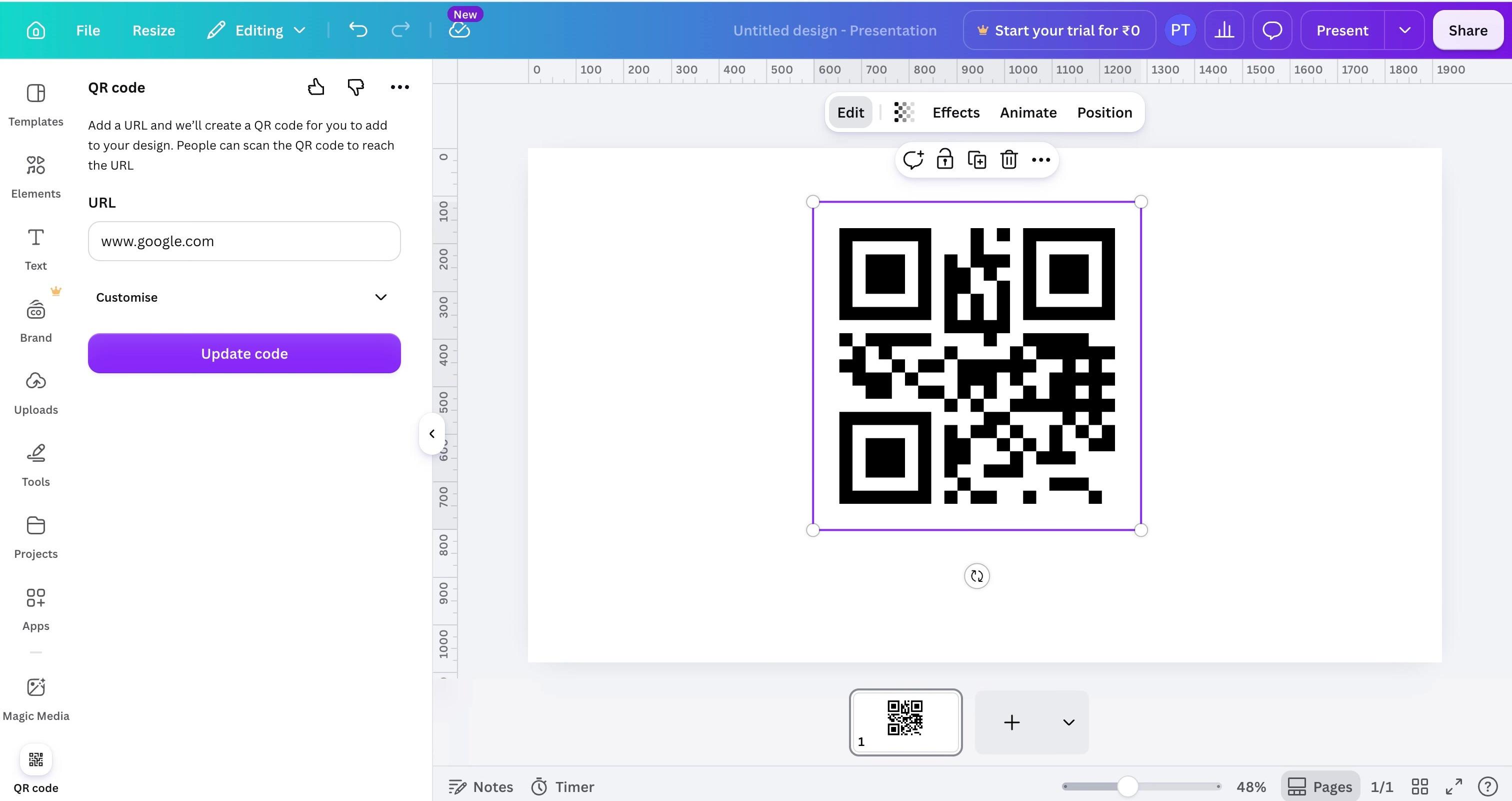 Canva editor displaying a generated QR code on a white design canvas.