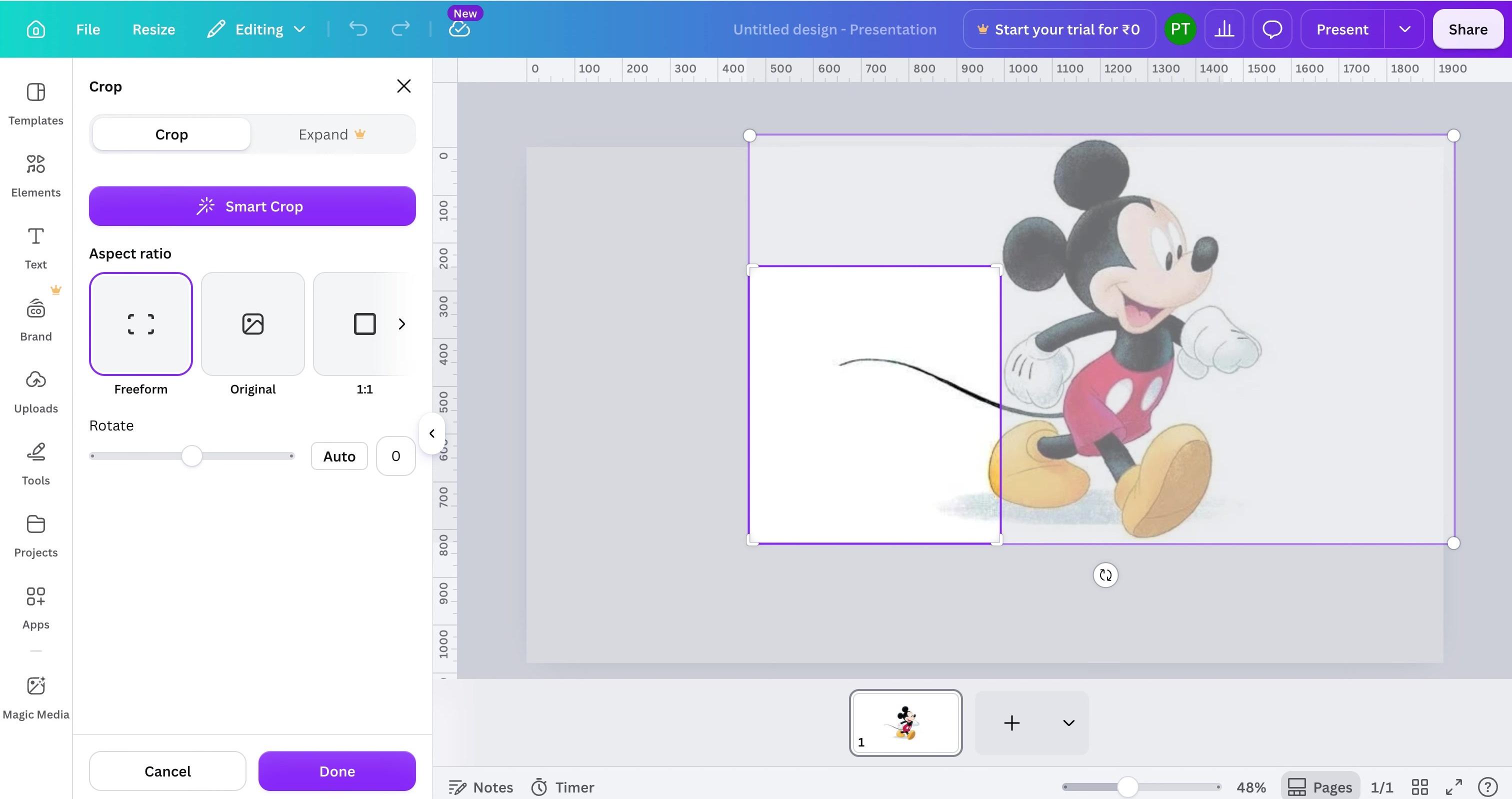 Canva editor showing an image in freeform crop mode with a side handle selected.
