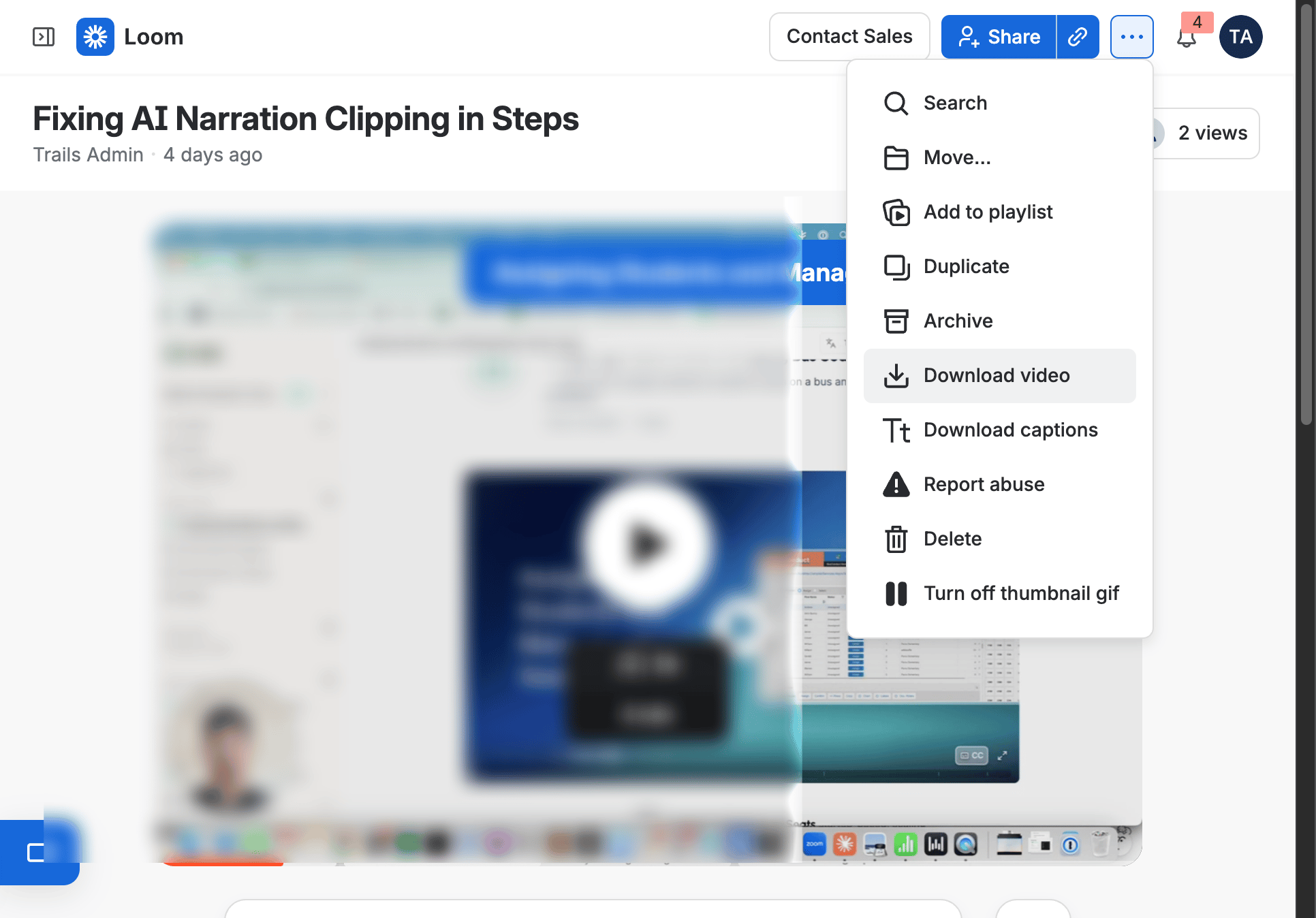 Loom video page with the options menu open over a shared recording.