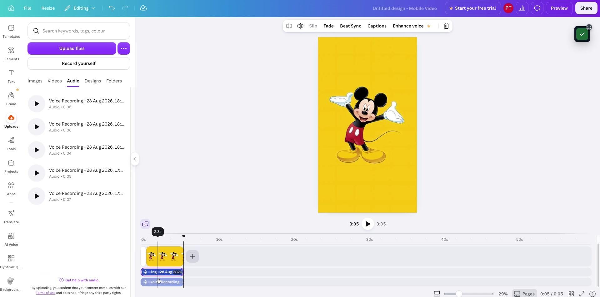 Canva editor showing a portrait video timeline and recording controls.