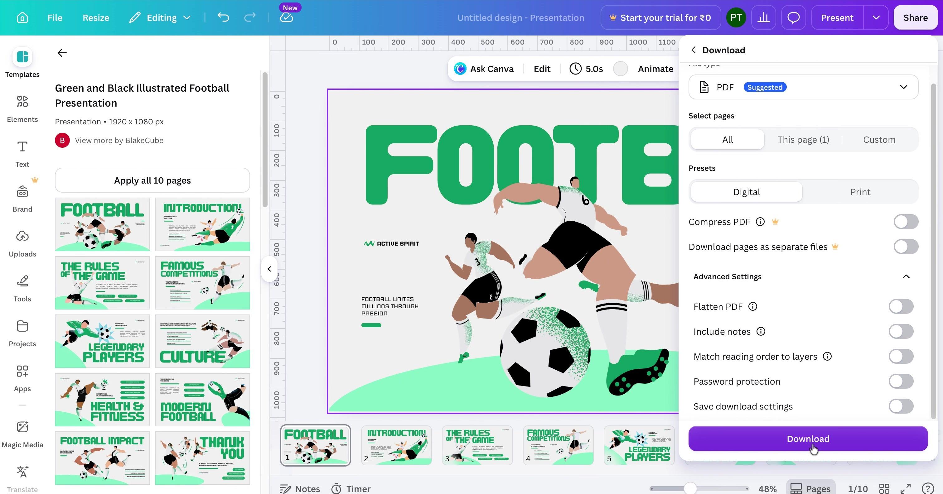 Canva presentation editor showing a sports slide beside PDF export settings.
