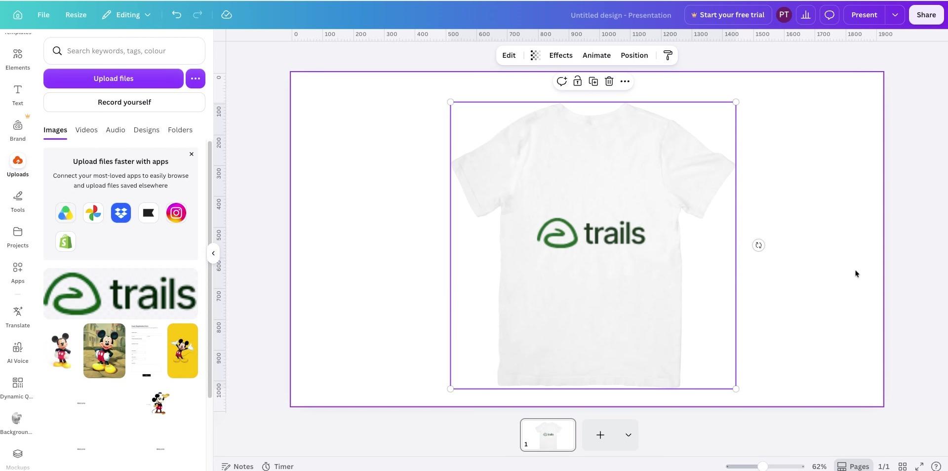 Canva editor showing a T-shirt mockup with a design applied.