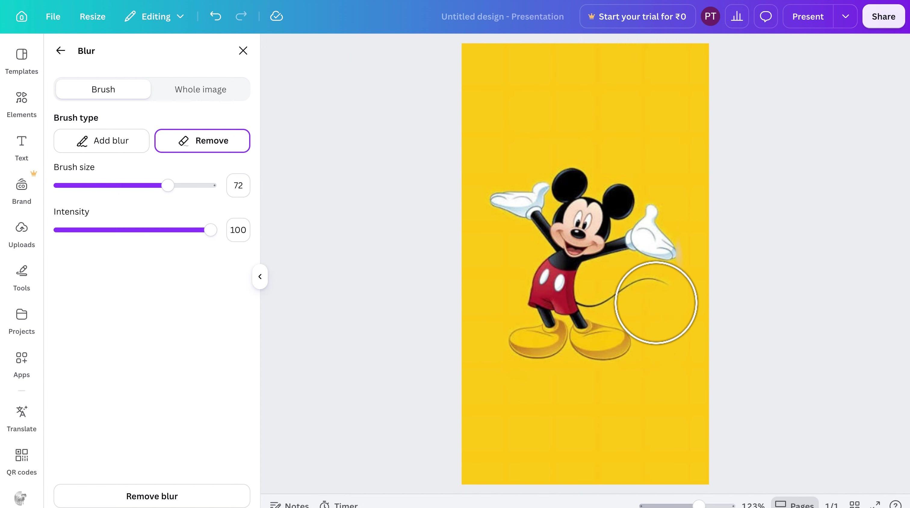 Canva editor showing a portrait image on a yellow canvas with image editing controls.