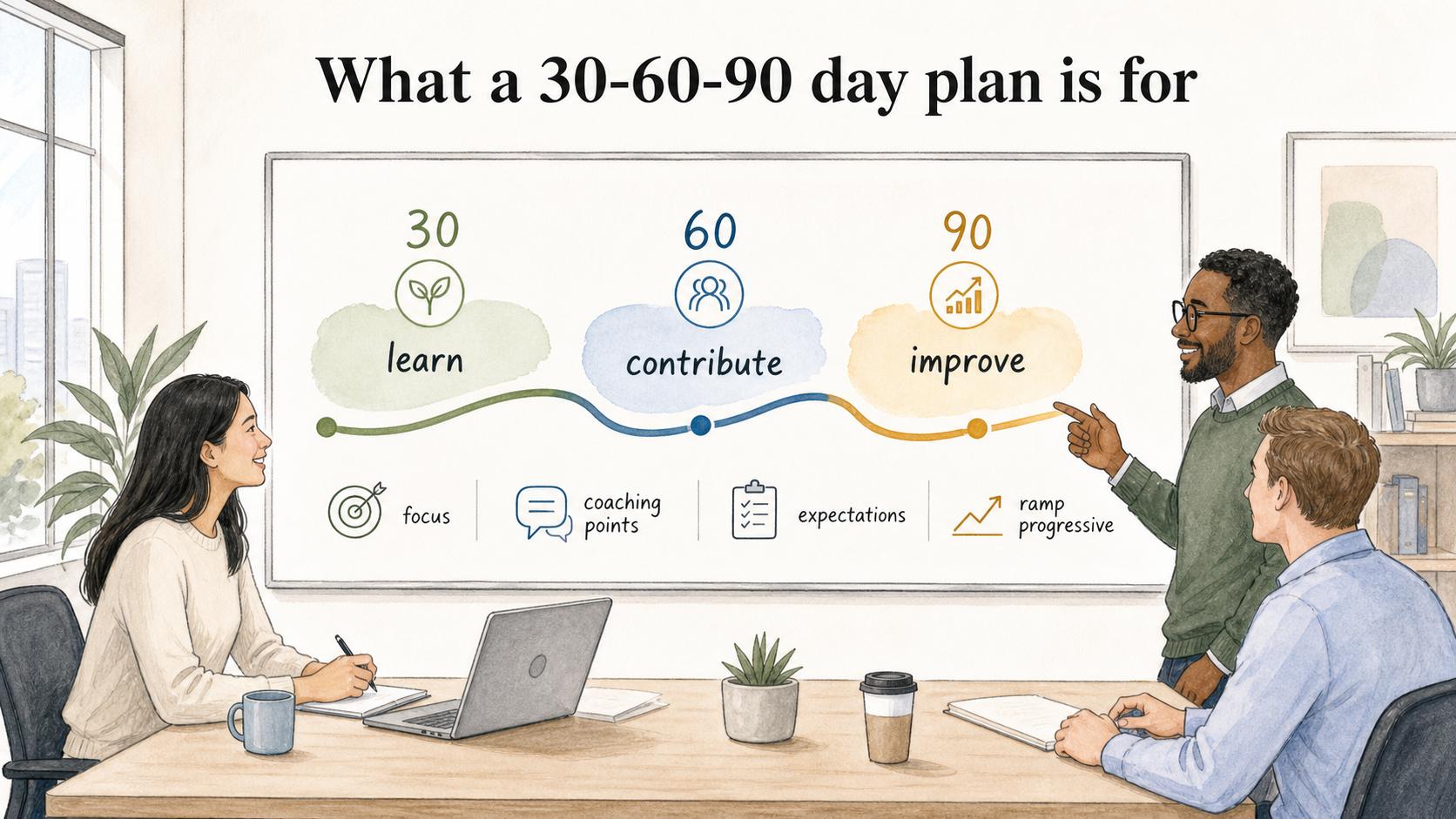 A 30-60-90 day plan for a new or transitioning employee