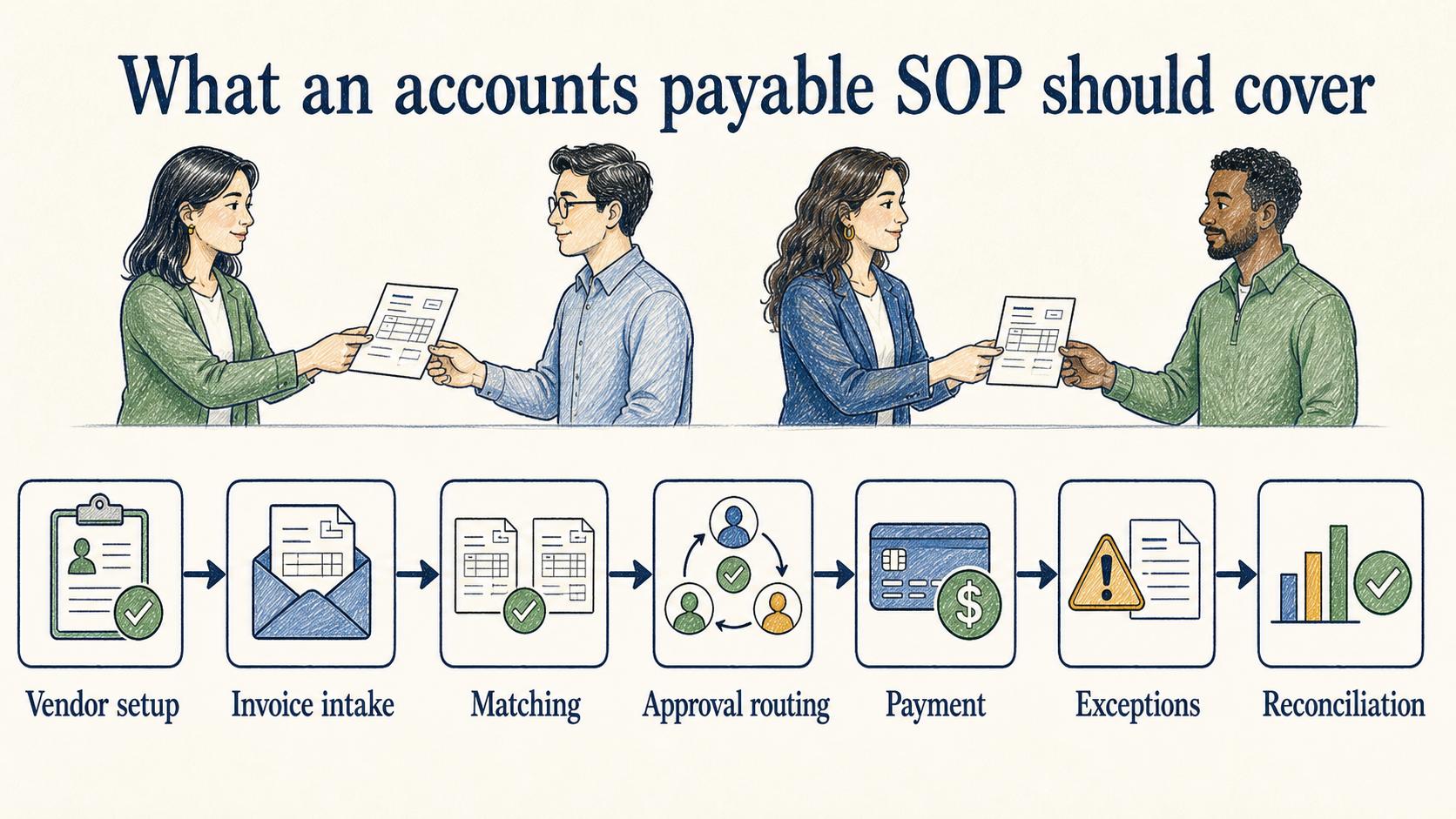 An AP SOP should make every handoff clear, from vendor setup and invoice intake through payment, exceptions, and reconciliation.
