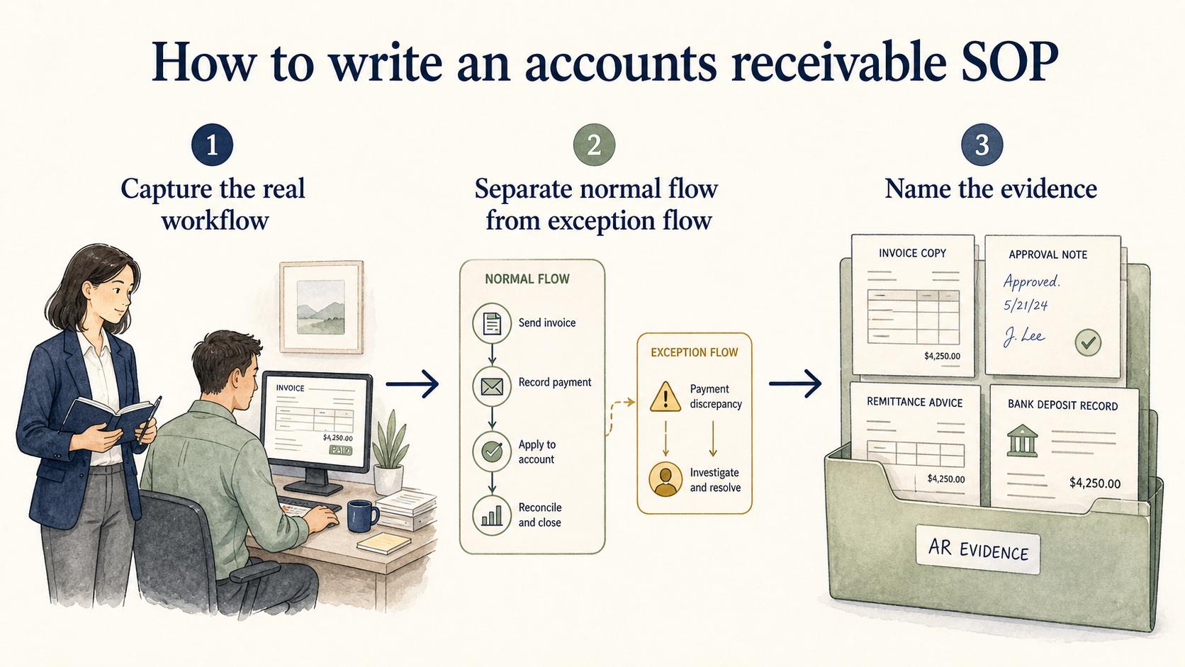 Write an AR SOP by capturing the real workflow, separating the normal and exception paths, and identifying the evidence the team must retain.