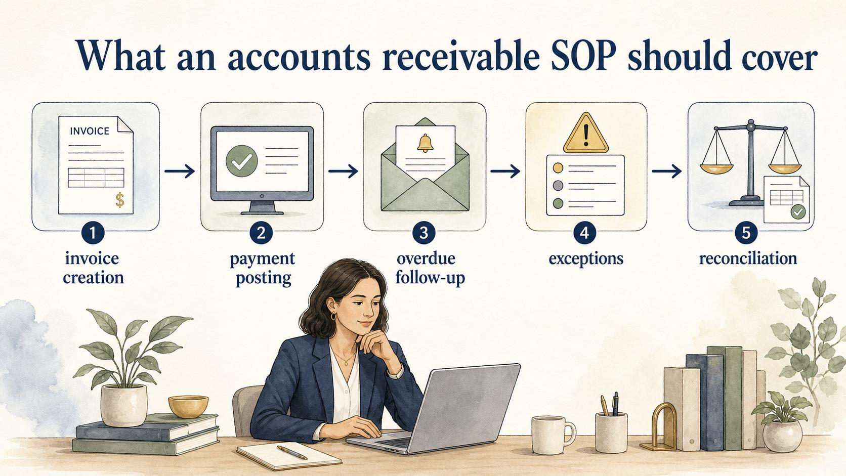 An accounts receivable SOP follows the invoice-to-cash lifecycle through invoice creation, payment posting, overdue follow-up, exception handling, and reconciliation.