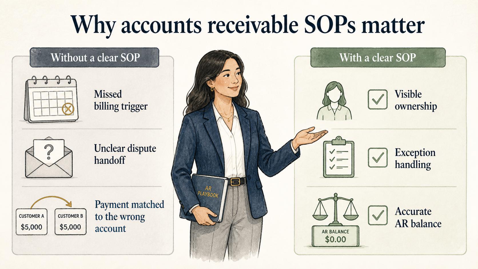 A clear AR SOP prevents missed billing triggers, unclear handoffs, and incorrect payment matching by making ownership and exception handling visible.