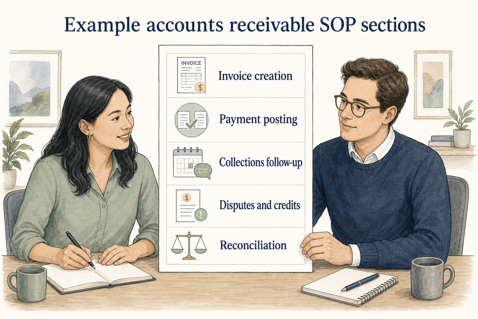 A complete AR SOP documents invoice creation, payment posting, collections follow-up, disputes and credits, and reconciliation.