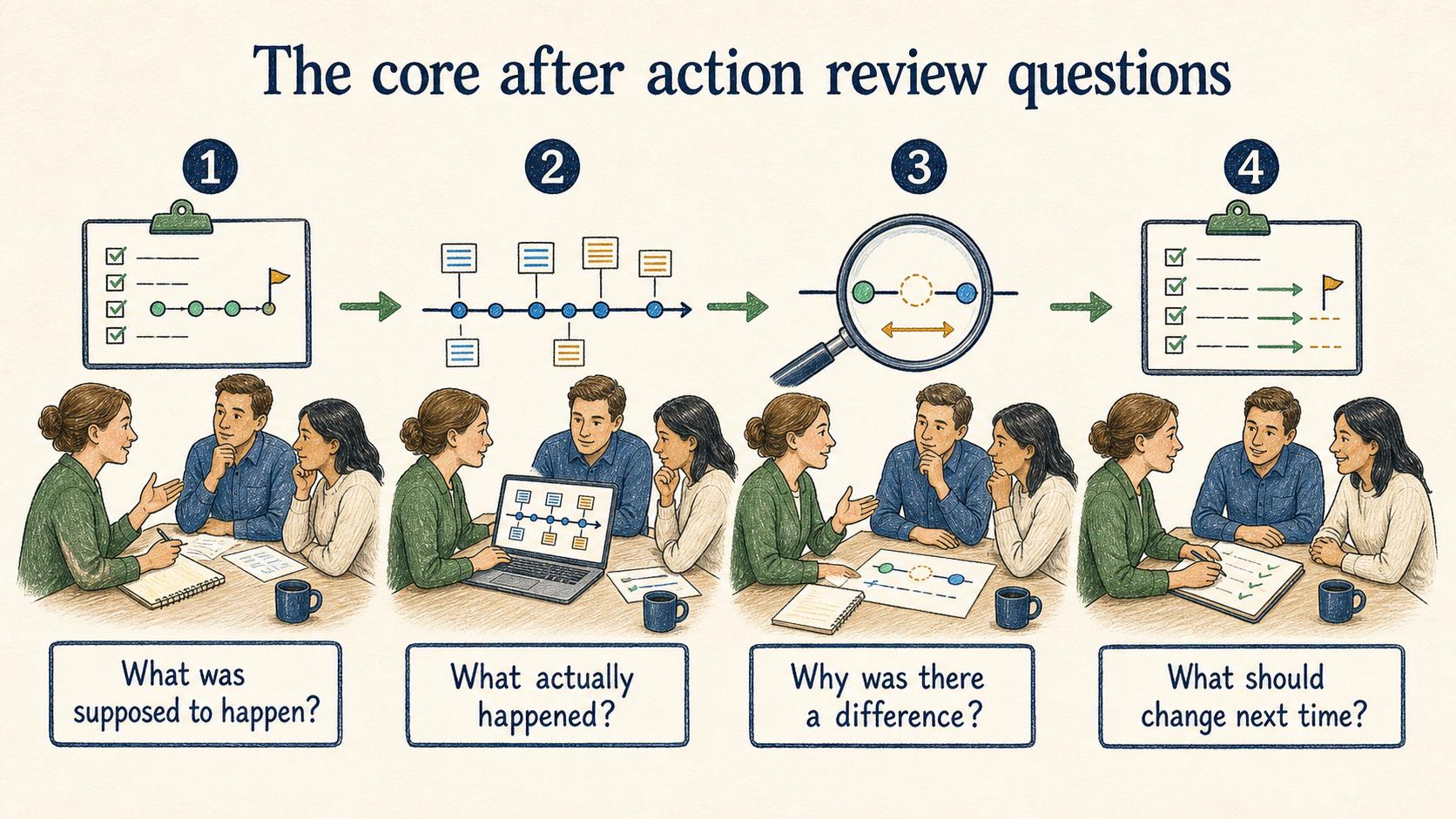 A strong review establishes the plan and actual result before examining causes and deciding what should change.