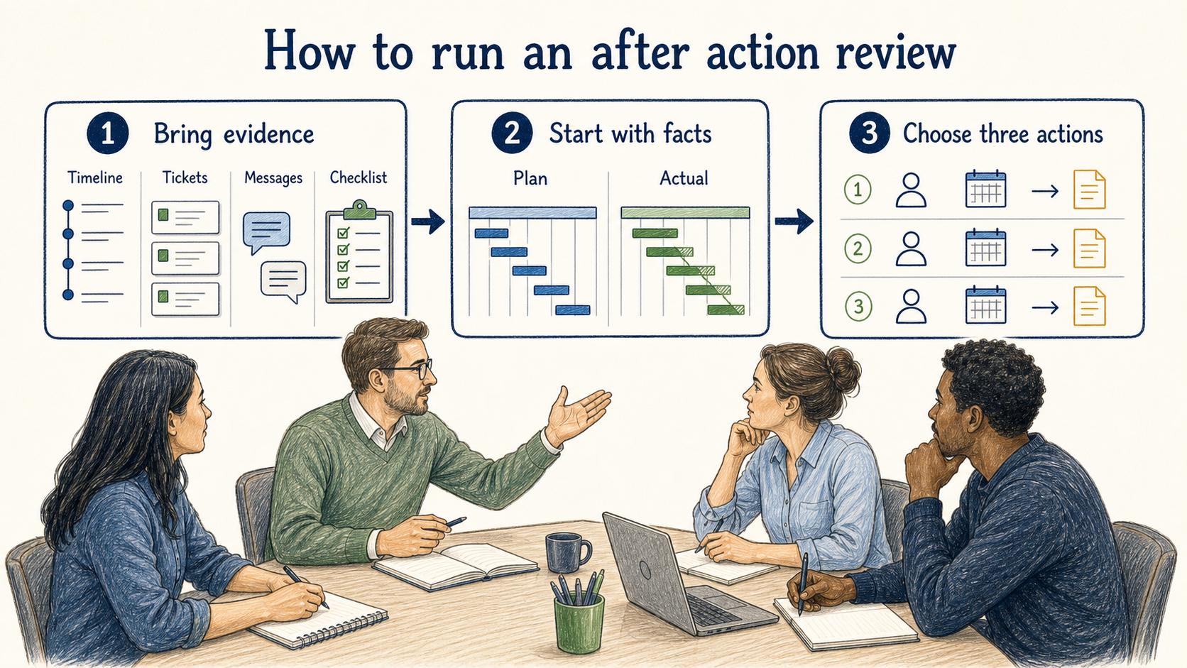 Bring evidence, separate facts from interpretation, and finish with a small number of owned actions.