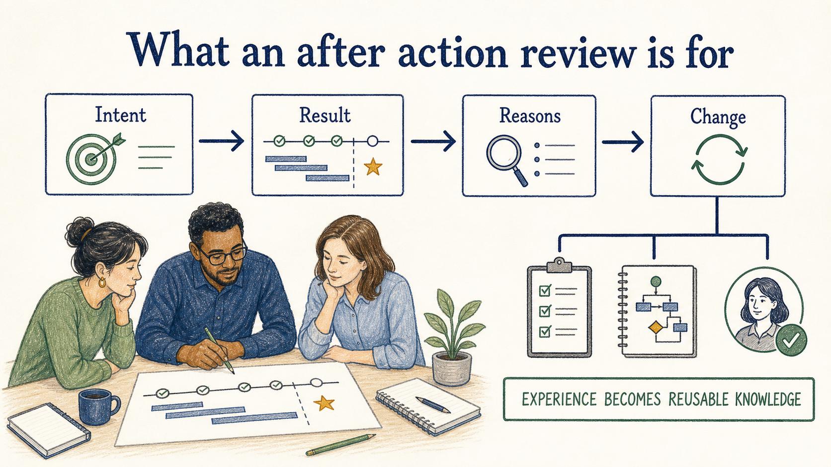 An after action review compares intent with results, examines the reasons for the gap, and turns experience into a practical change.