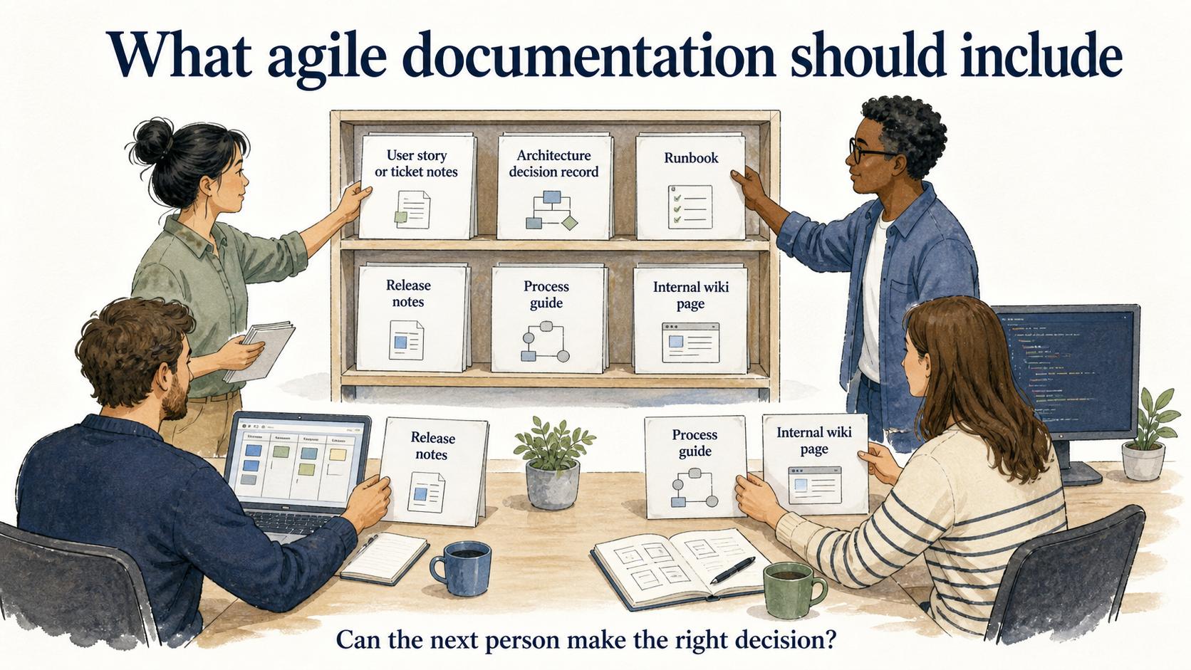 Durable agile documentation includes focused artifacts such as ticket notes, architecture decisions, runbooks, release notes, process guides, and reusable wiki pages.
