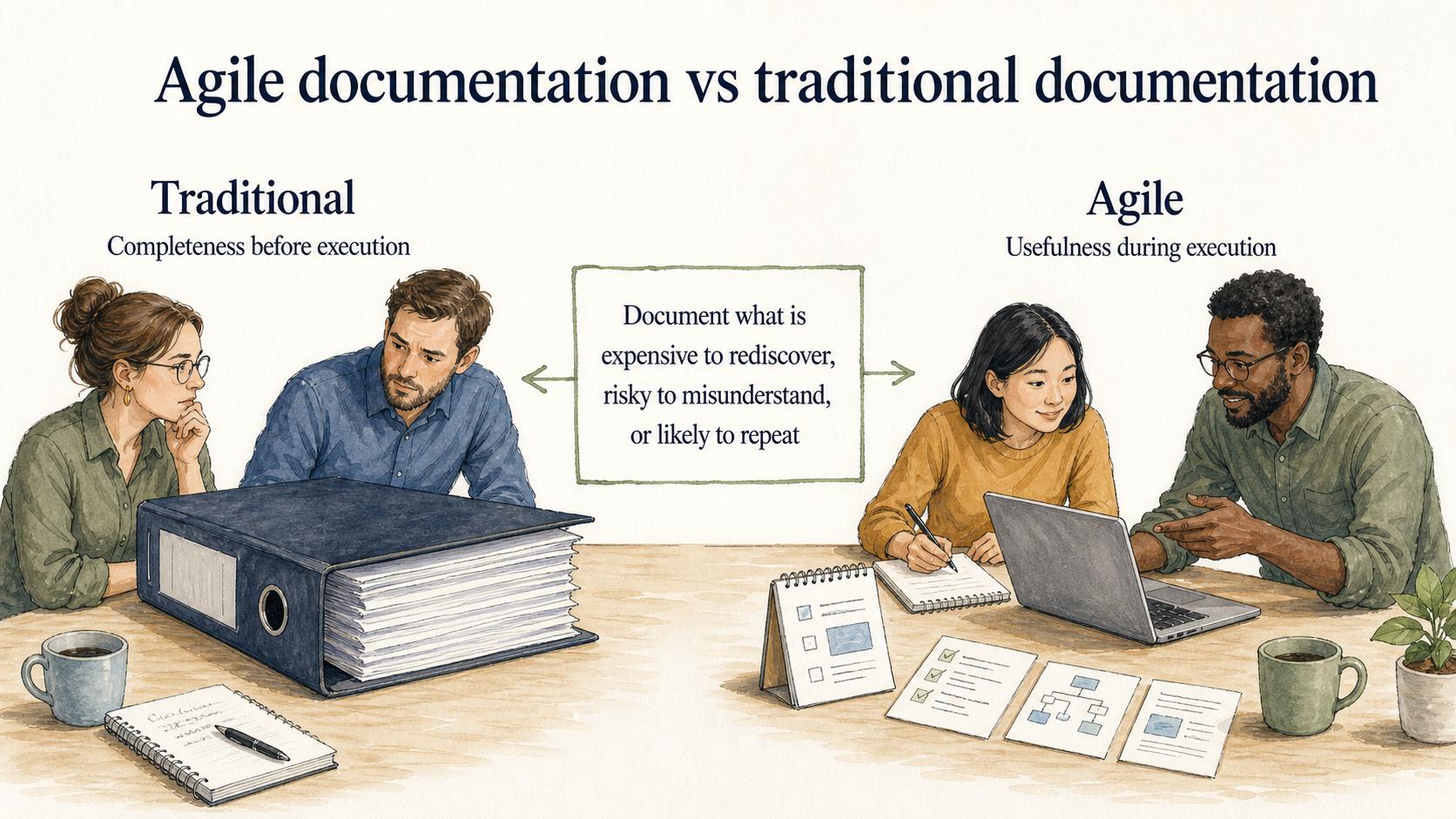 Traditional documentation emphasizes completeness before execution, while agile documentation emphasizes usefulness during execution; both address different risks.