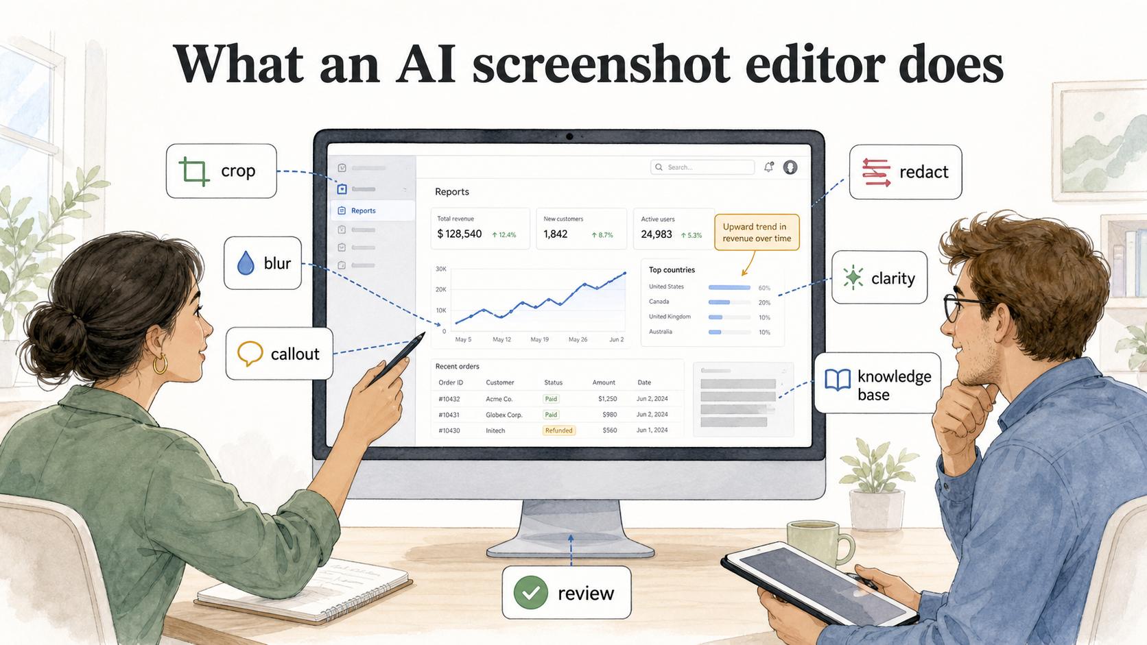 An AI screenshot editor helps teams clean up, redact, annotate, and prepare screenshots for documentation.