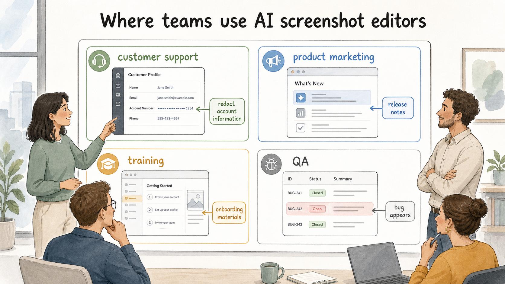 Support, marketing, training, and QA teams use edited screenshots to make visual instructions easier to follow.
