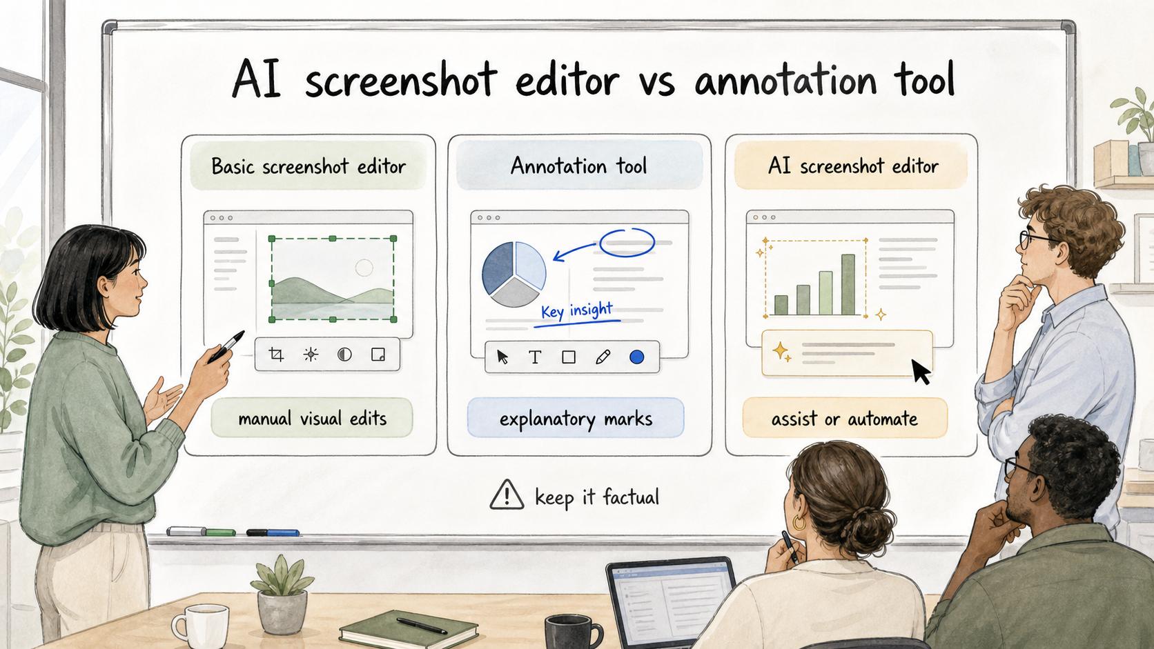 AI screenshot editors add assistance and automation on top of basic screenshot editing and annotation.
