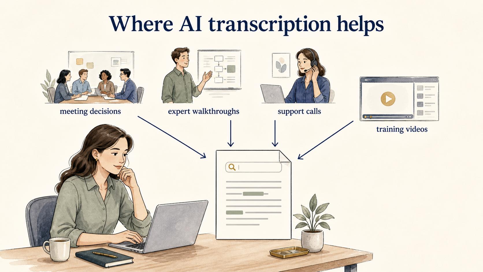 AI transcription helps preserve knowledge from meetings, expert walkthroughs, support calls, and training videos.
