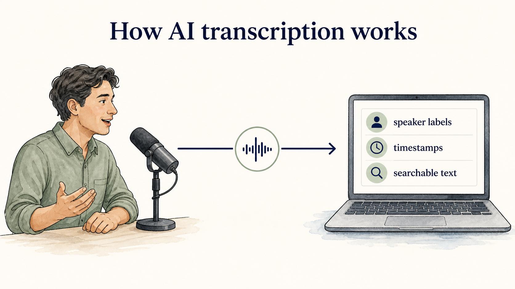 AI transcription analyzes spoken audio and converts it into searchable text with features such as speaker labels and timestamps.