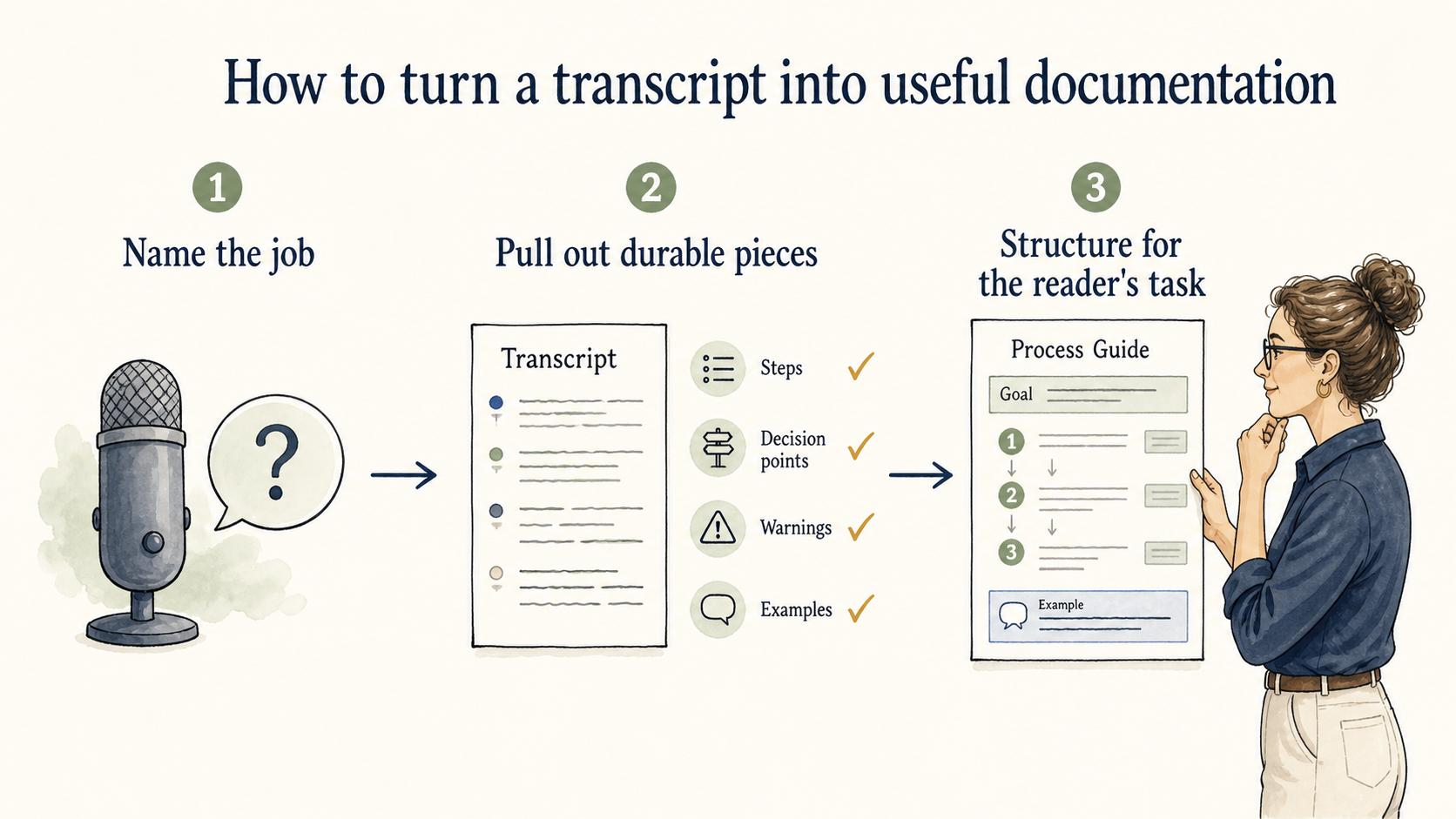 Turn a transcript into useful documentation by naming the job, extracting durable details, and restructuring the material around the reader's task.