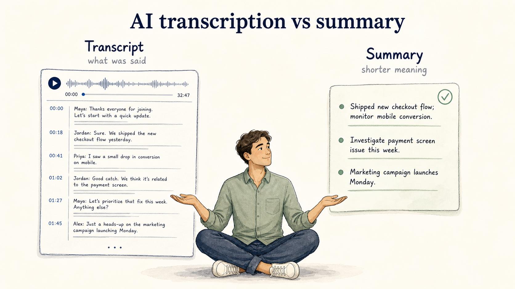 A transcript preserves what was said, while a summary compresses the meaning into a shorter, faster reference.