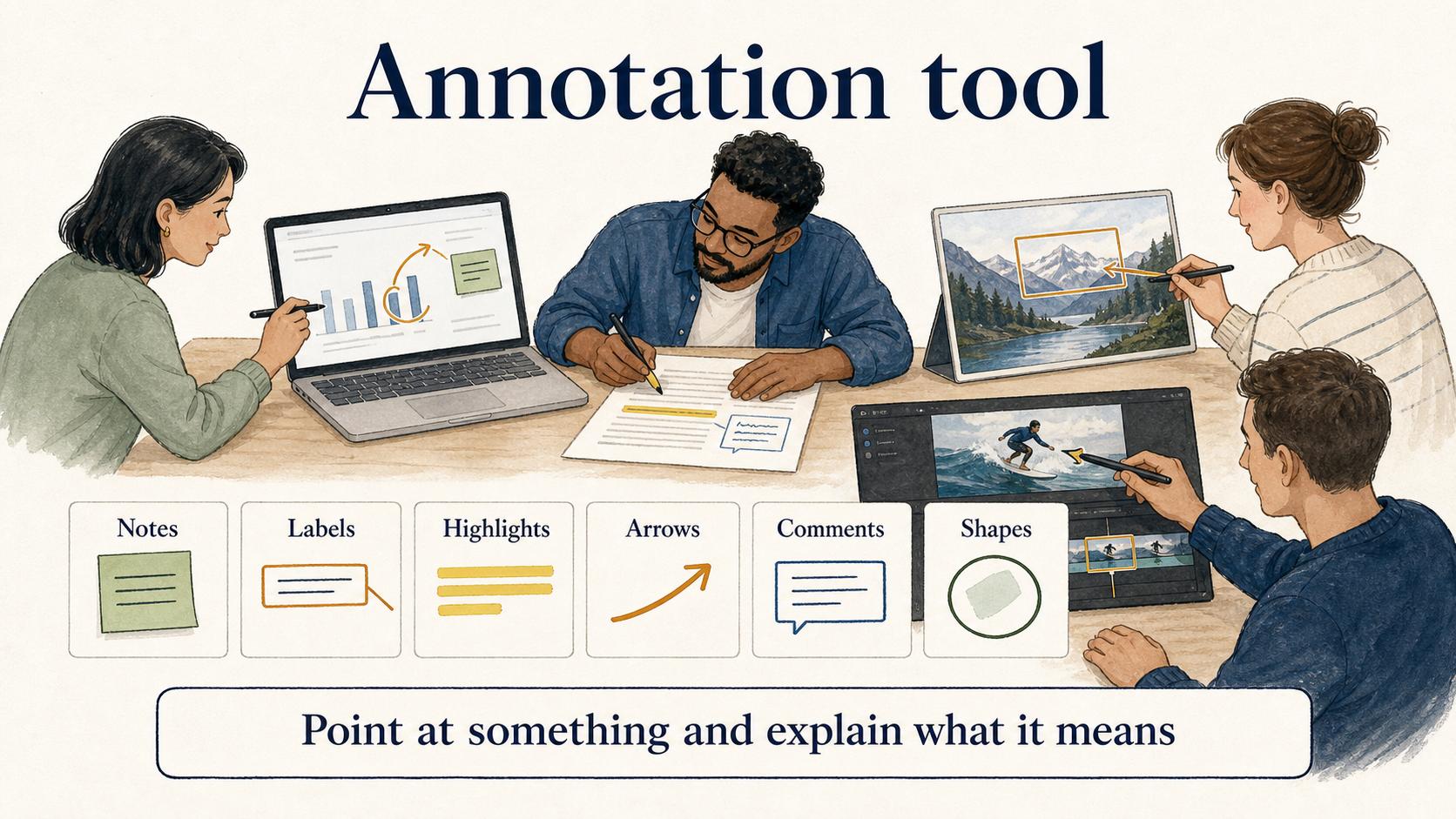An annotation tool adds notes, labels, highlights, arrows, comments, or shapes directly to an artifact so readers can see what matters.