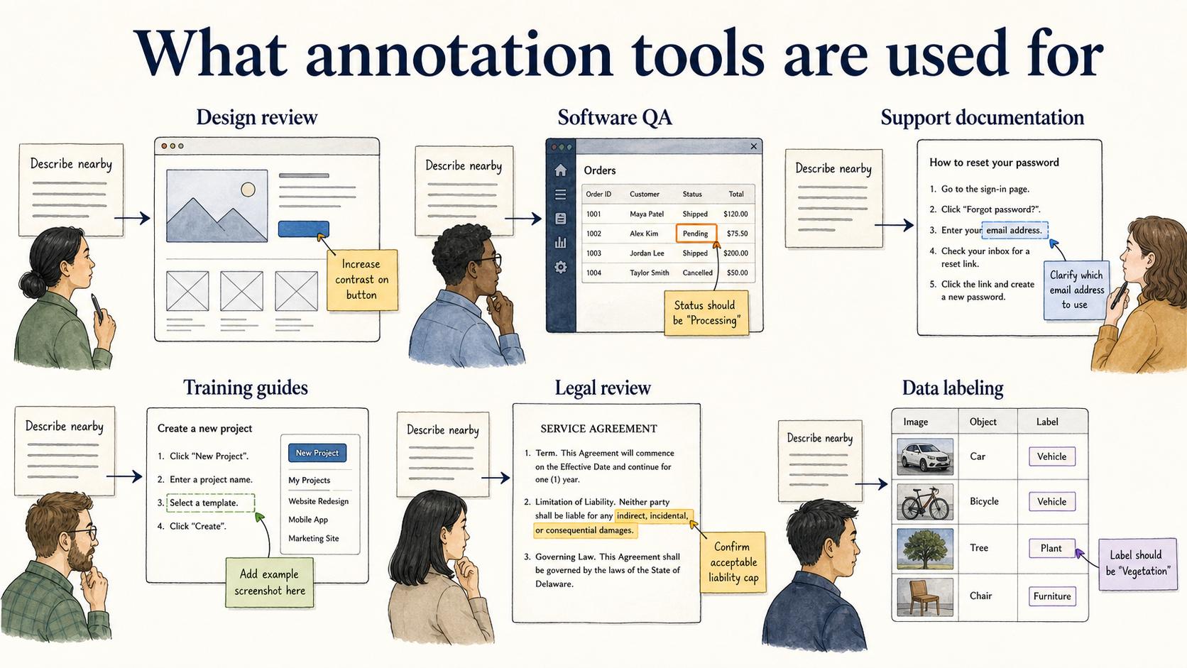 Annotation keeps explanations close to the evidence across design reviews, software QA, support documentation, training, legal review, and data labeling.
