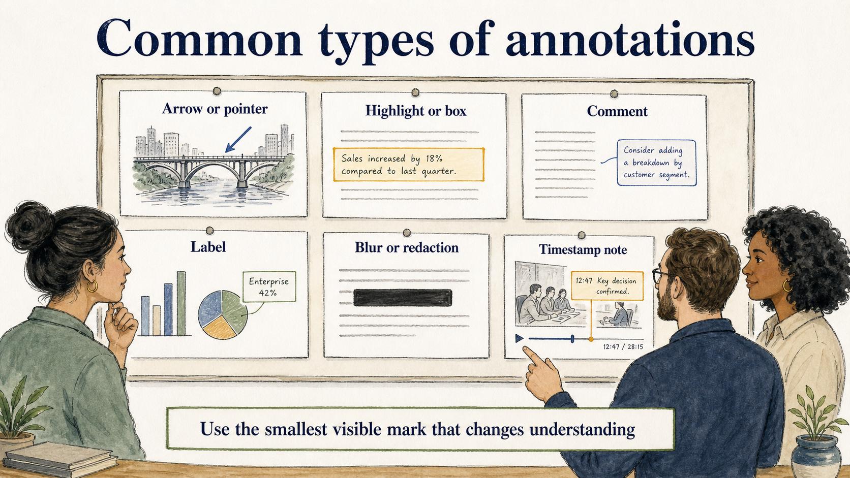 Different annotation styles answer different questions, from pointing at a location to marking a region, recording feedback, protecting data, or explaining a moment in video.