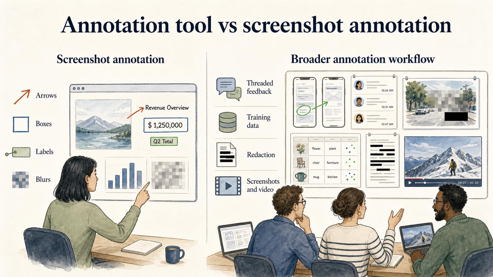 Screenshot markup is one annotation use case; broader annotation workflows can also support threaded feedback, training data, redaction, and video.