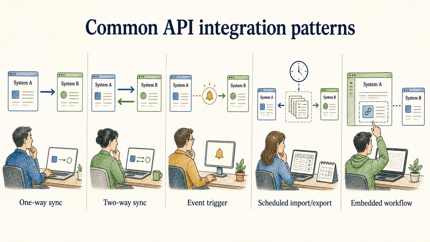 Integration patterns determine how data moves, when actions happen, and which testing and documentation risks teams must manage.