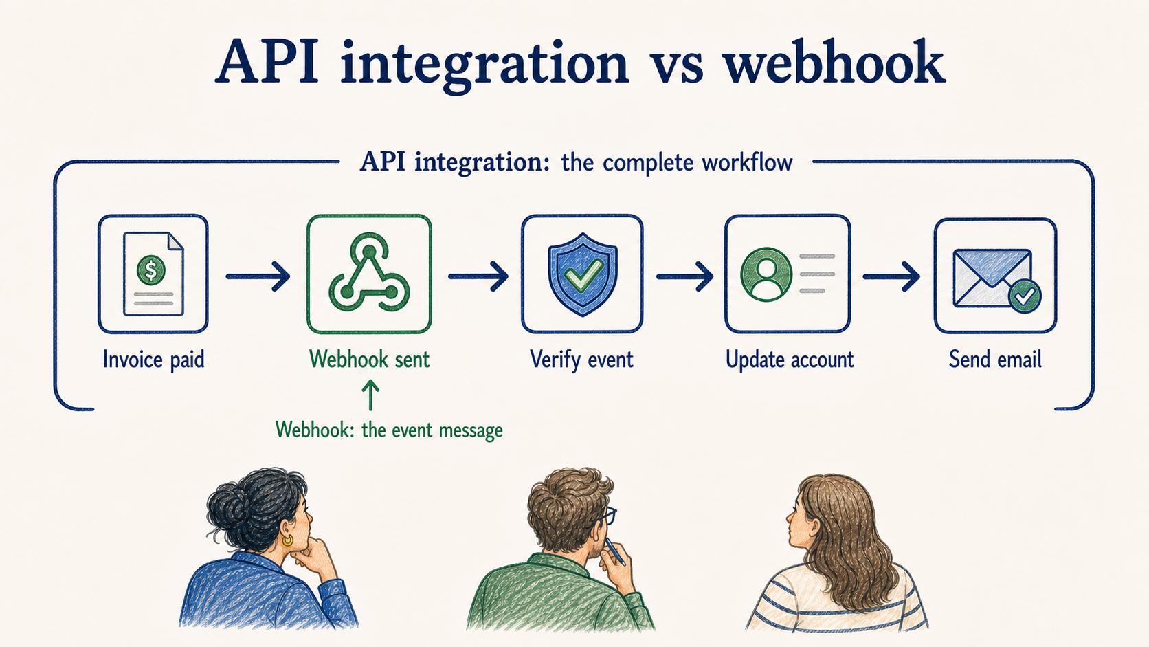 A webhook delivers an event, while the API integration covers the complete workflow that validates the event and performs the downstream actions.