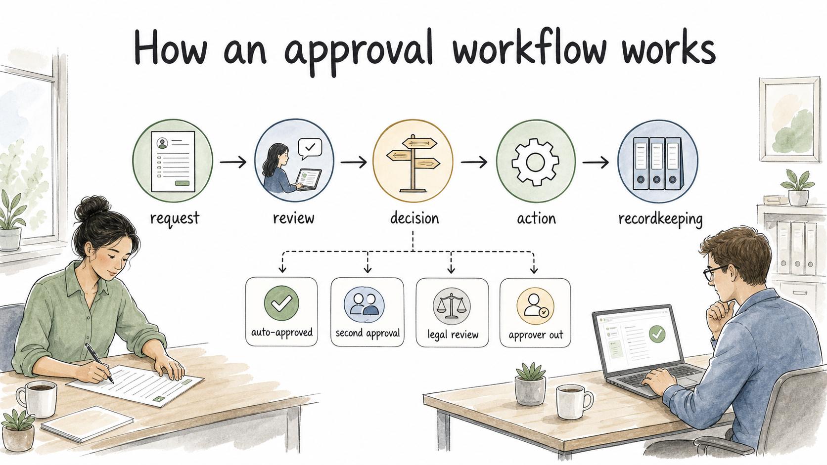 Approval workflows move from request to review, decision, action, and recordkeeping.