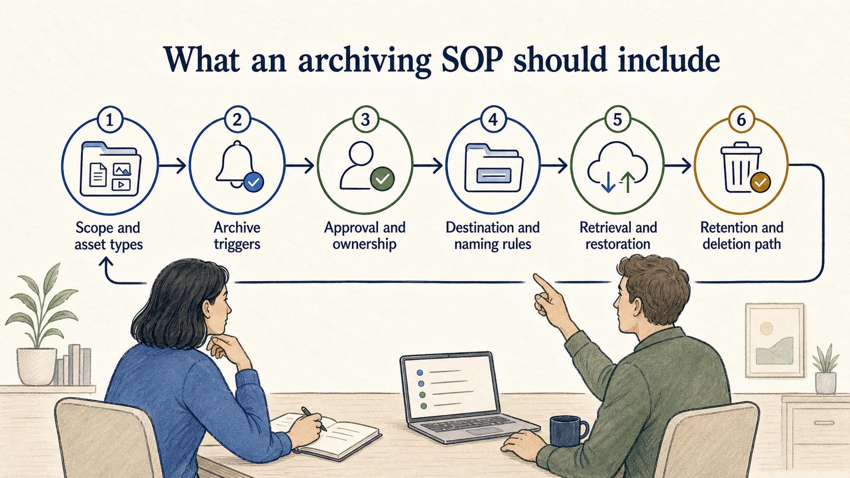 A complete archiving SOP defines scope, triggers, approval, ownership, storage, retrieval, restoration, retention, and deletion.