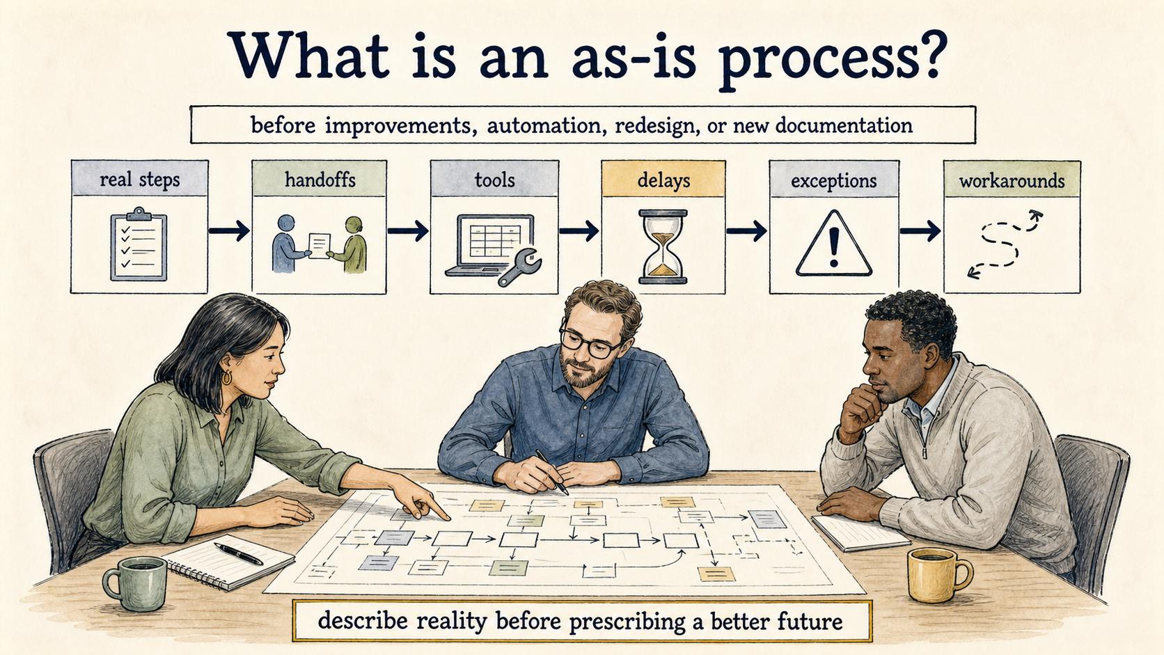 An as-is process captures the real steps, handoffs, tools, delays, exceptions, and workarounds used today.